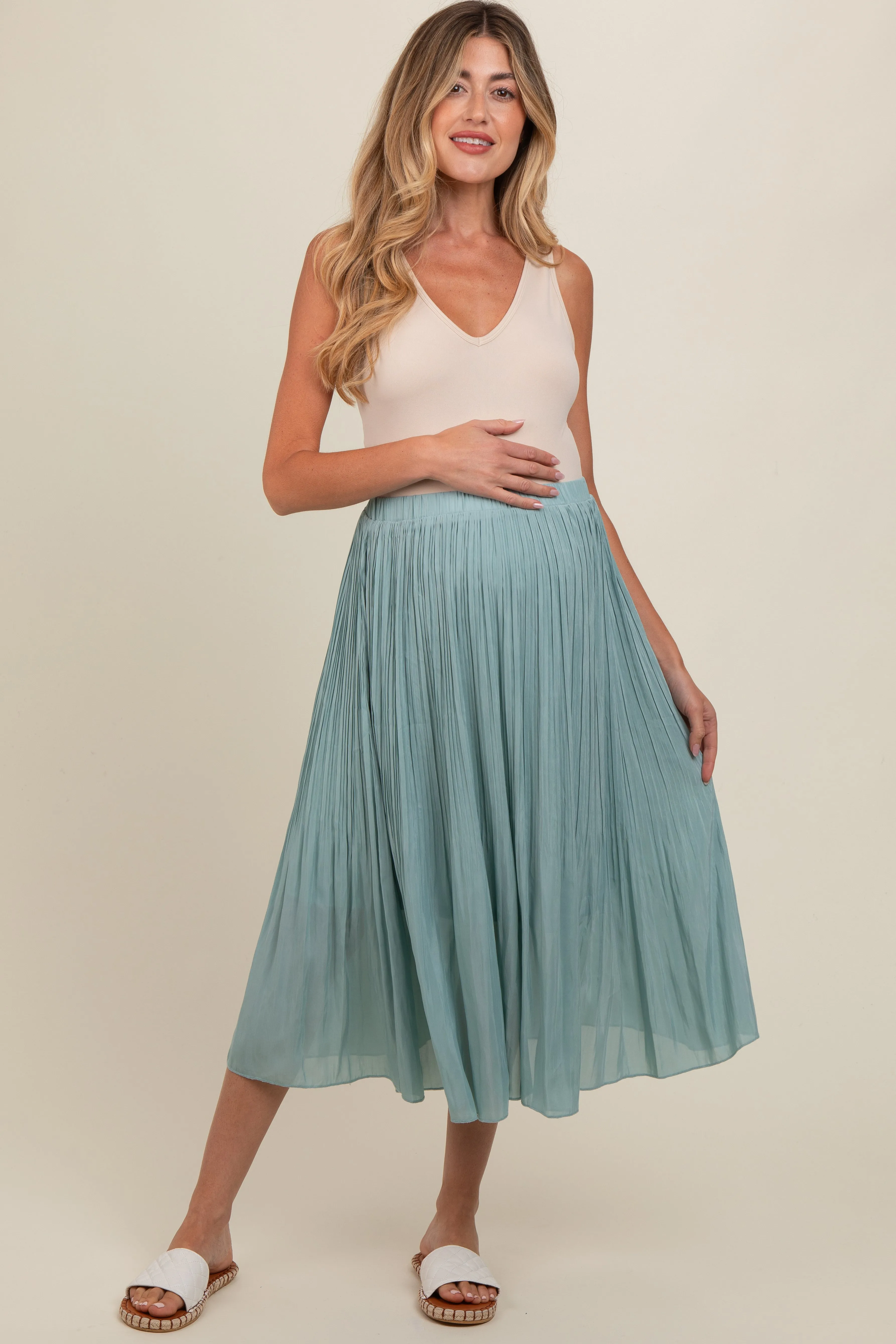 Blue Pleated Maternity Midi Skirt sold by Pinkblush