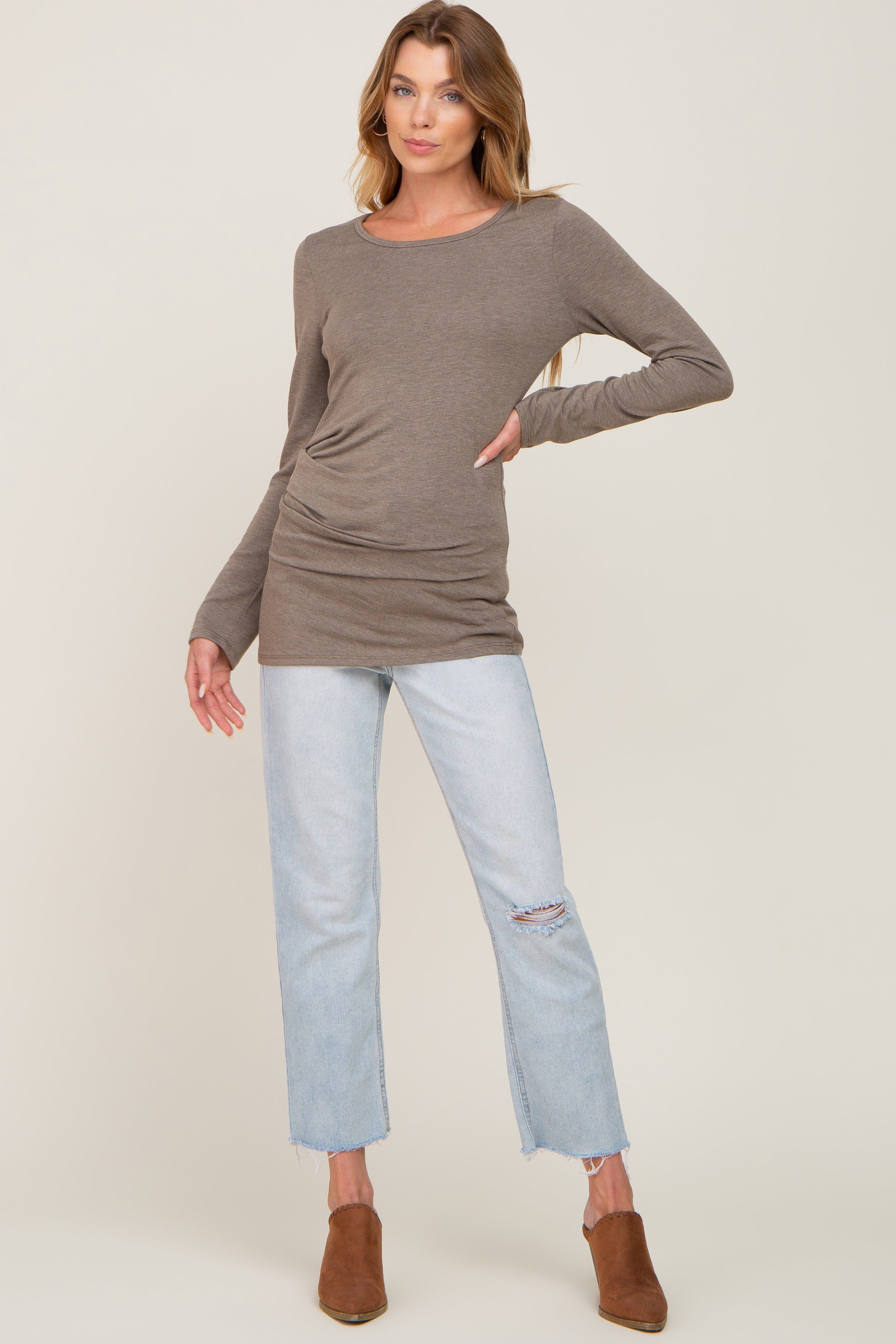 Mocha Ruched Side Long Sleeve Top sold by Pinkblush product image thumbnail 4