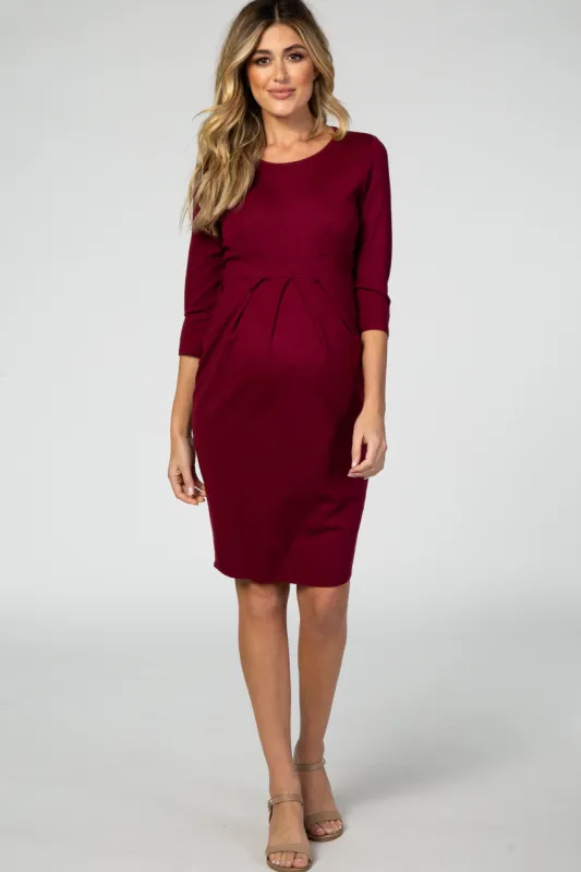 Burgundy 3/4 Sleeves Front Pleated Maternity Dress sold by Pinkblush