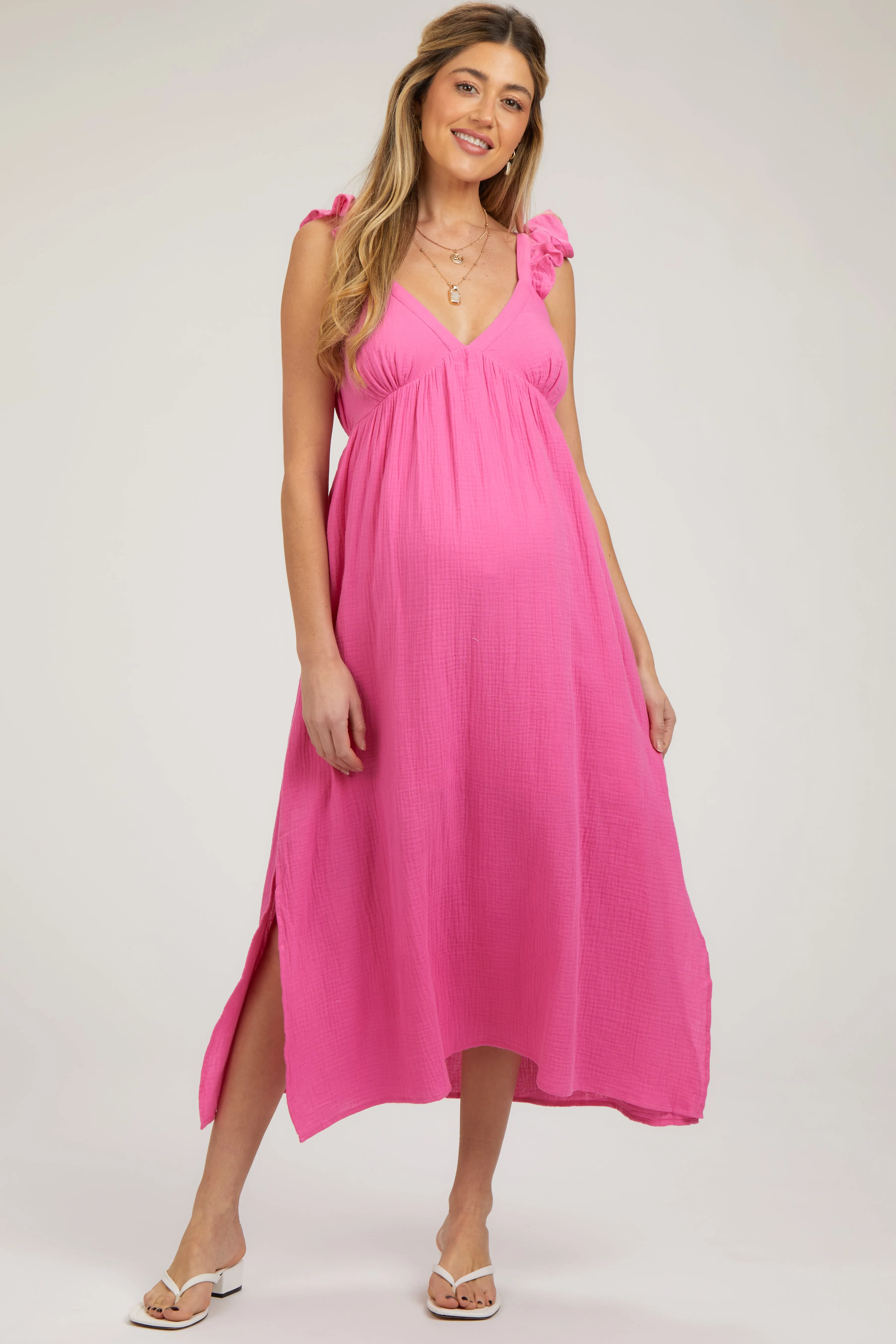 Pink Ruffle Strap Maternity Midi Dress sold by Pinkblush product image thumbnail 2