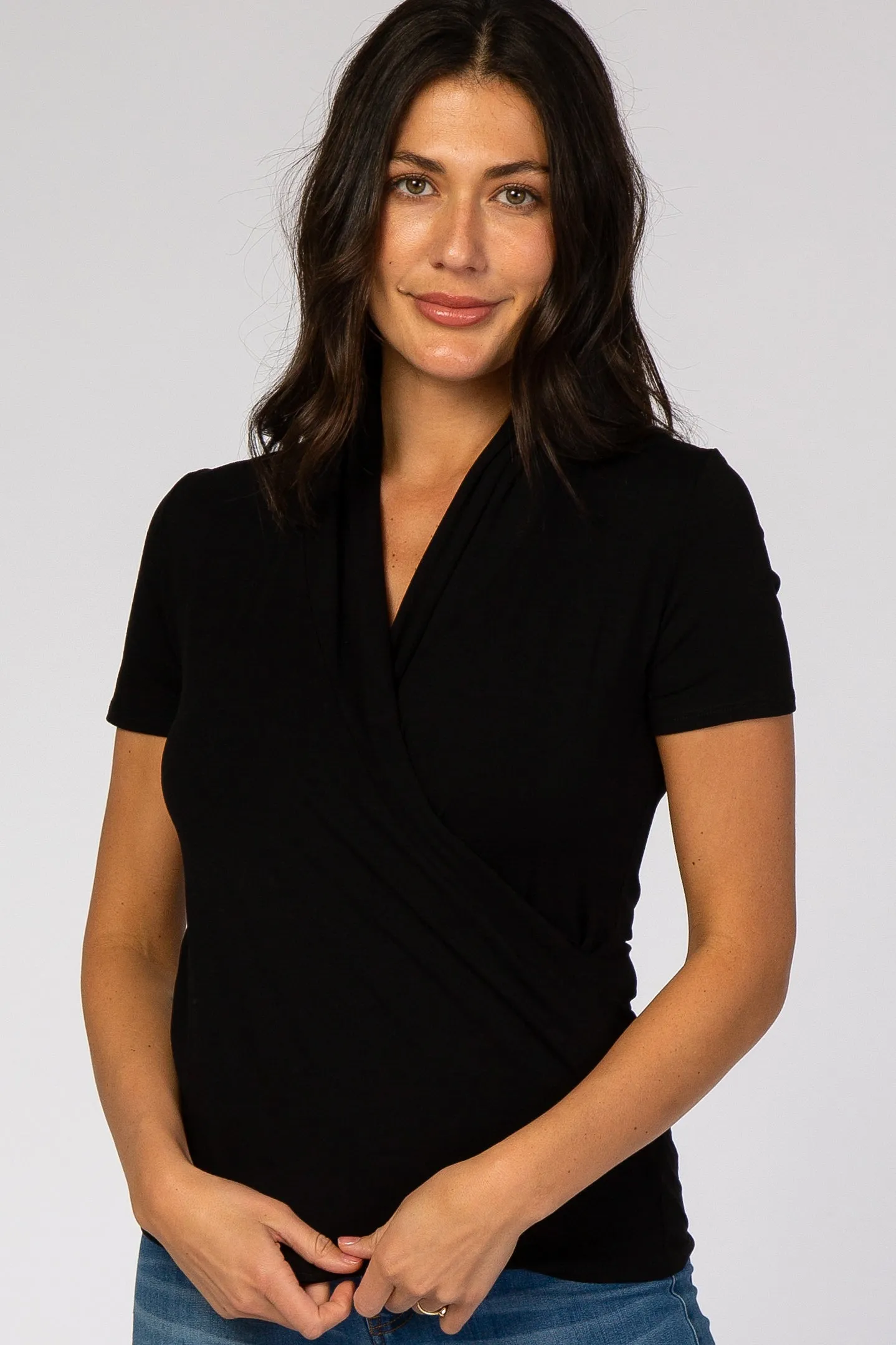 Black Short Sleeve Wrap Front Nursing Top sold by Pinkblush