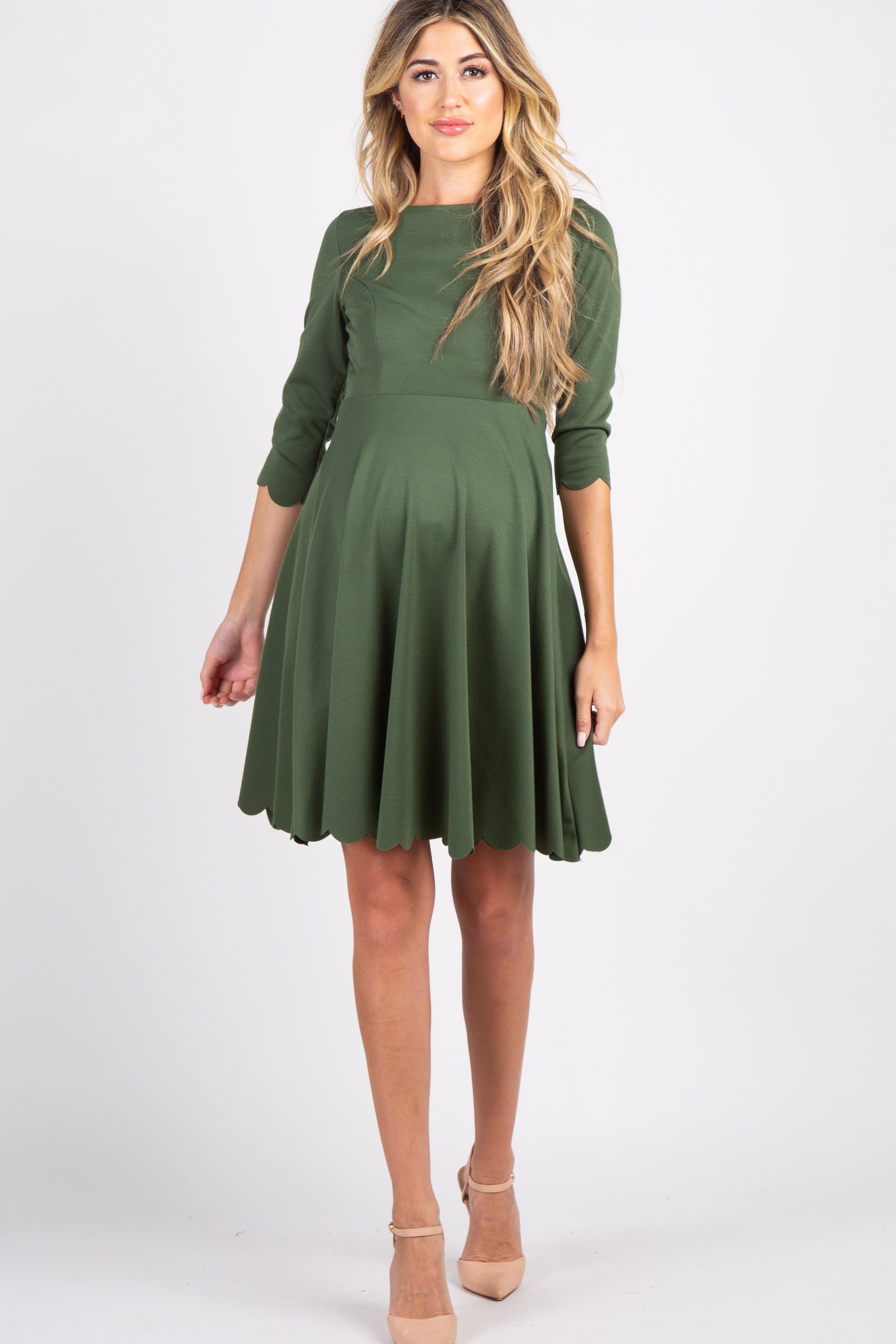 Olive Solid Scalloped Hem Maternity Dress sold by Pinkblush product image thumbnail 4