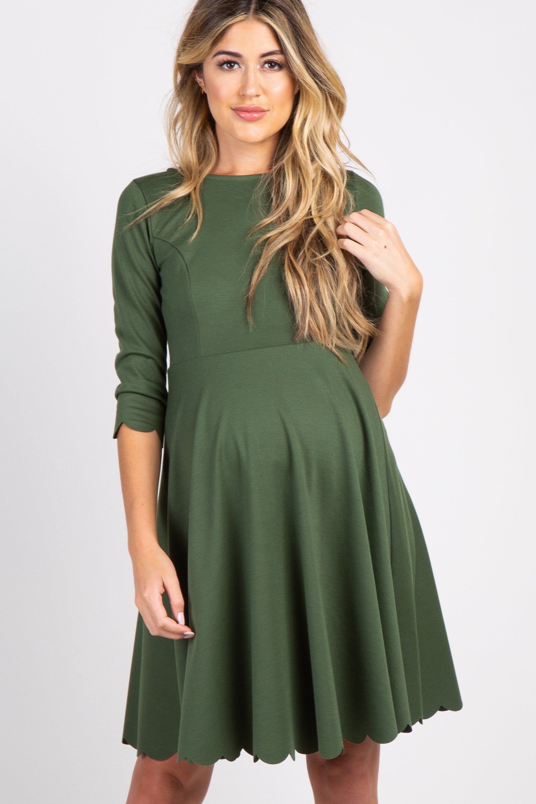 Olive Solid Scalloped Hem Maternity Dress sold by Pinkblush