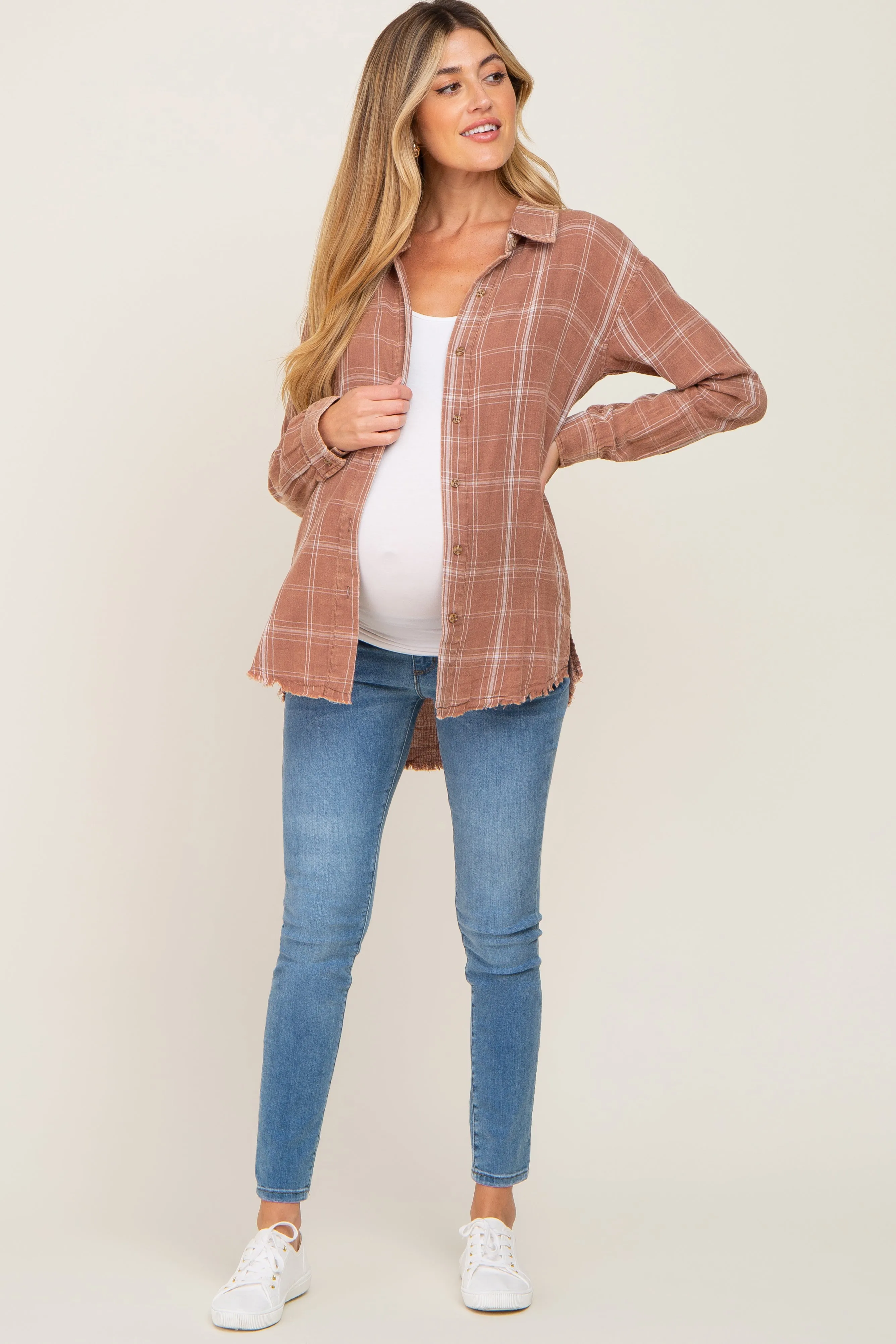 Rust Plaid Button Front Raw Hem Maternity Top sold by Pinkblush product image thumbnail 4