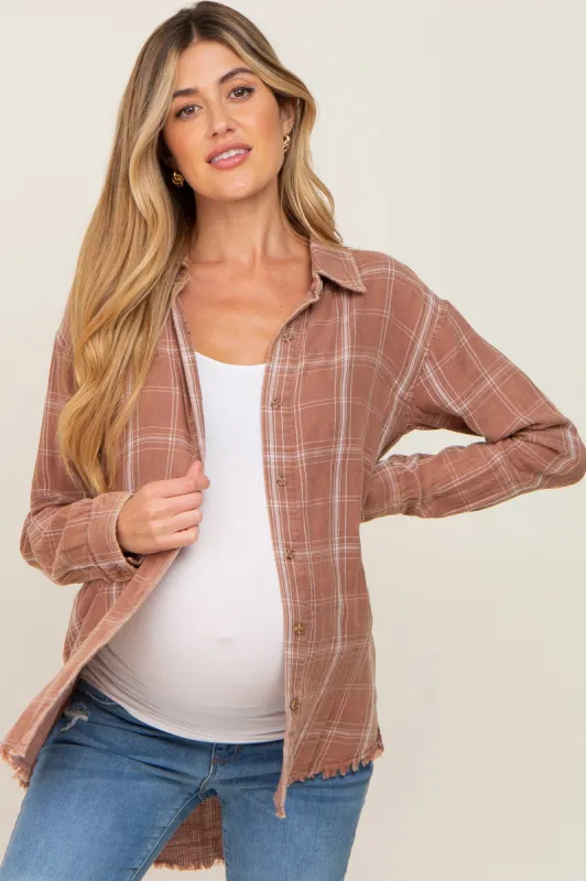 Rust Plaid Button Front Raw Hem Maternity Top sold by Pinkblush