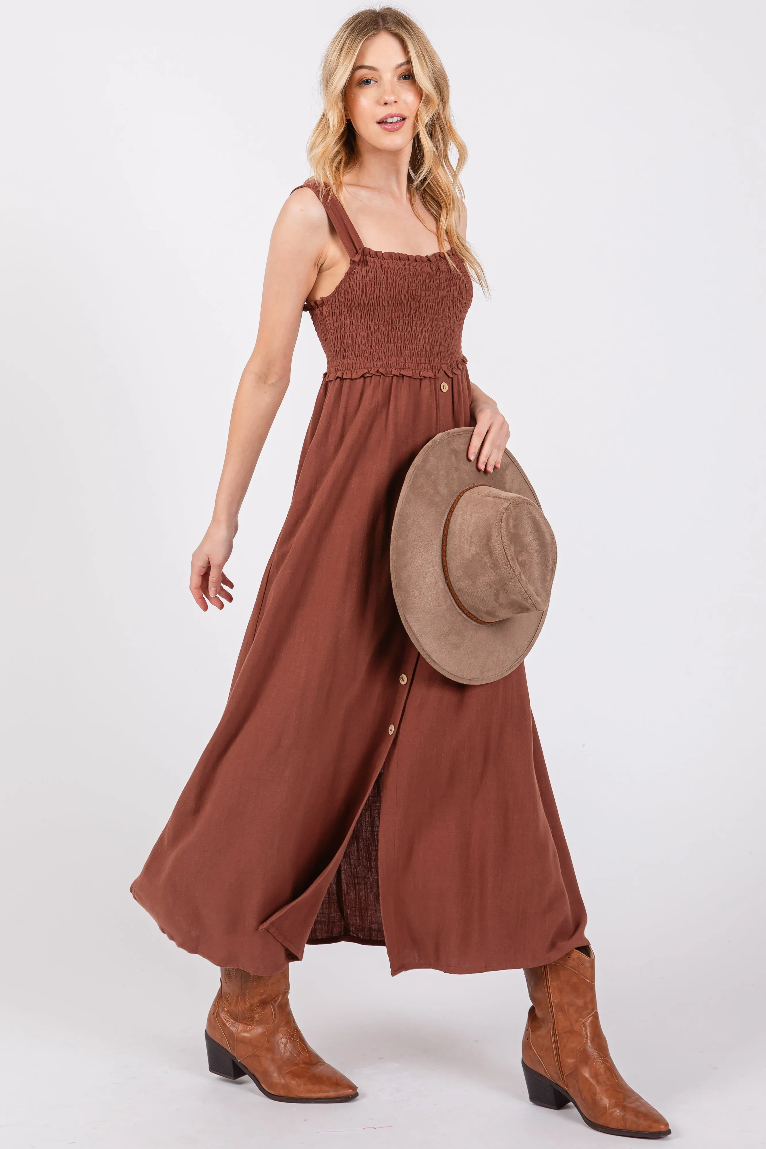 Brown Button Down Smocked Dress sold by Pinkblush product image thumbnail 5