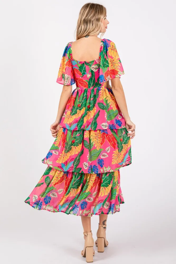 Fuchsia Leaf Print Side Cutout Tiered Midi Dress sold by Pinkblush product image thumbnail 4
