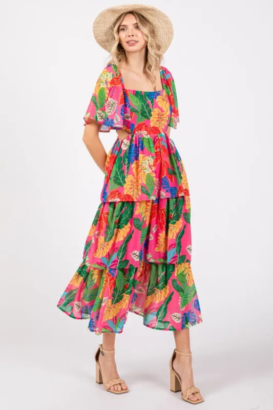 Fuchsia Leaf Print Side Cutout Tiered Midi Dress sold by Pinkblush