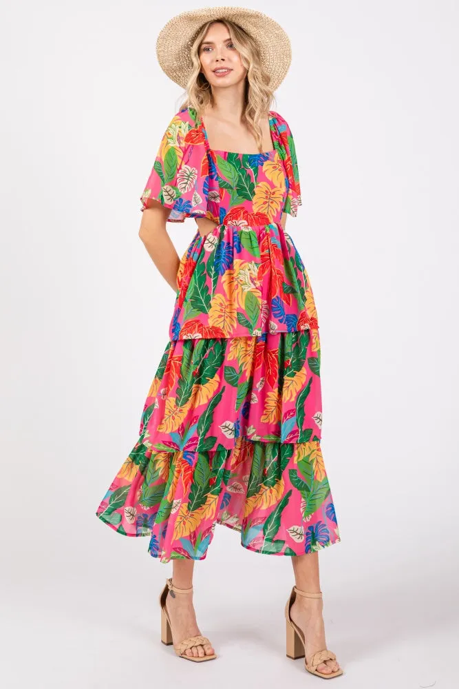 Fuchsia Leaf Print Side Cutout Tiered Midi Dress sold by Pinkblush