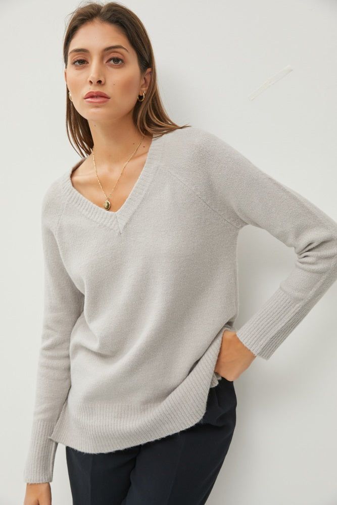 Grey V-Neck Basic Sweater sold by Pinkblush