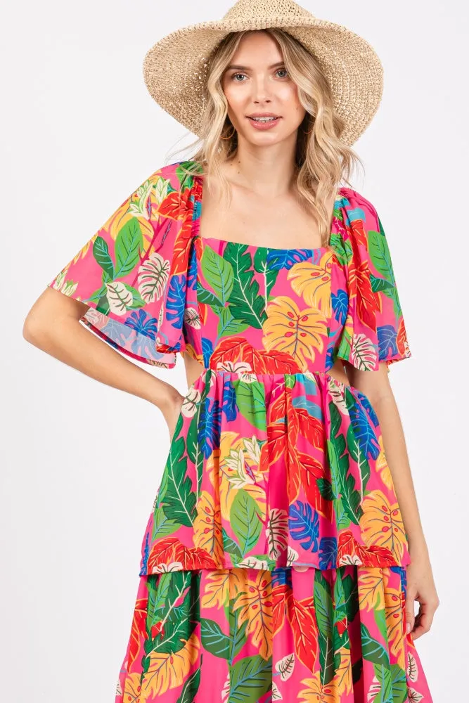 Fuchsia Leaf Print Side Cutout Tiered Midi Dress sold by Pinkblush product image thumbnail 5