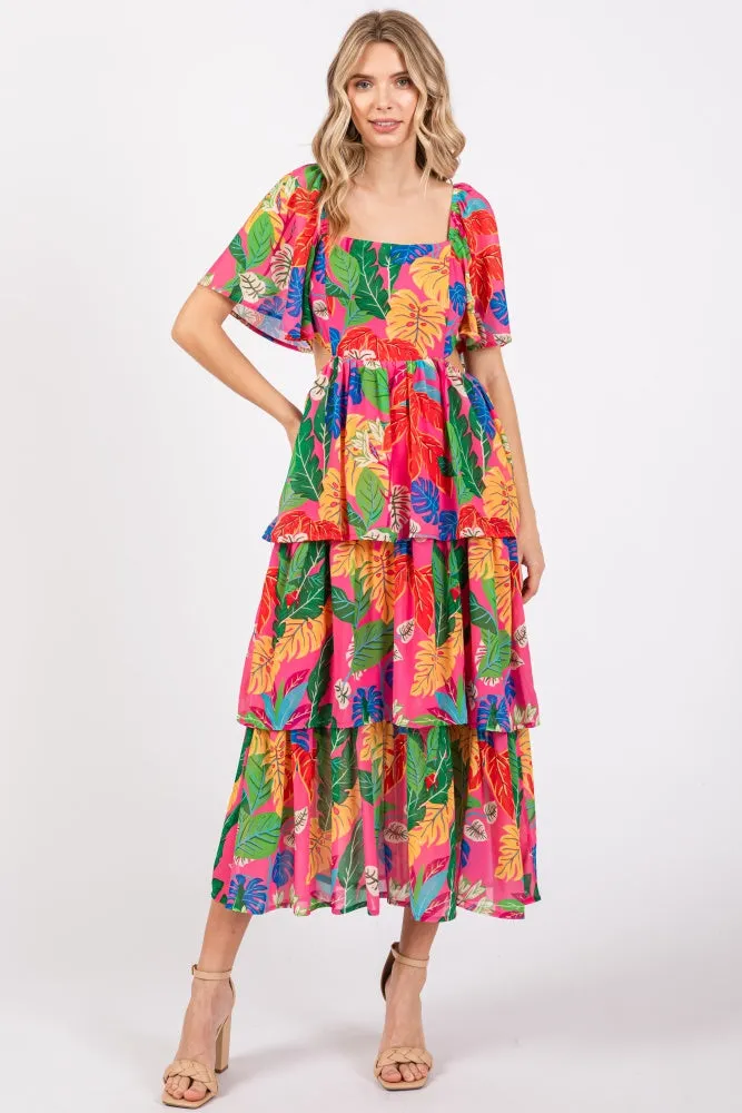 Fuchsia Leaf Print Side Cutout Tiered Midi Dress sold by Pinkblush product image thumbnail 2