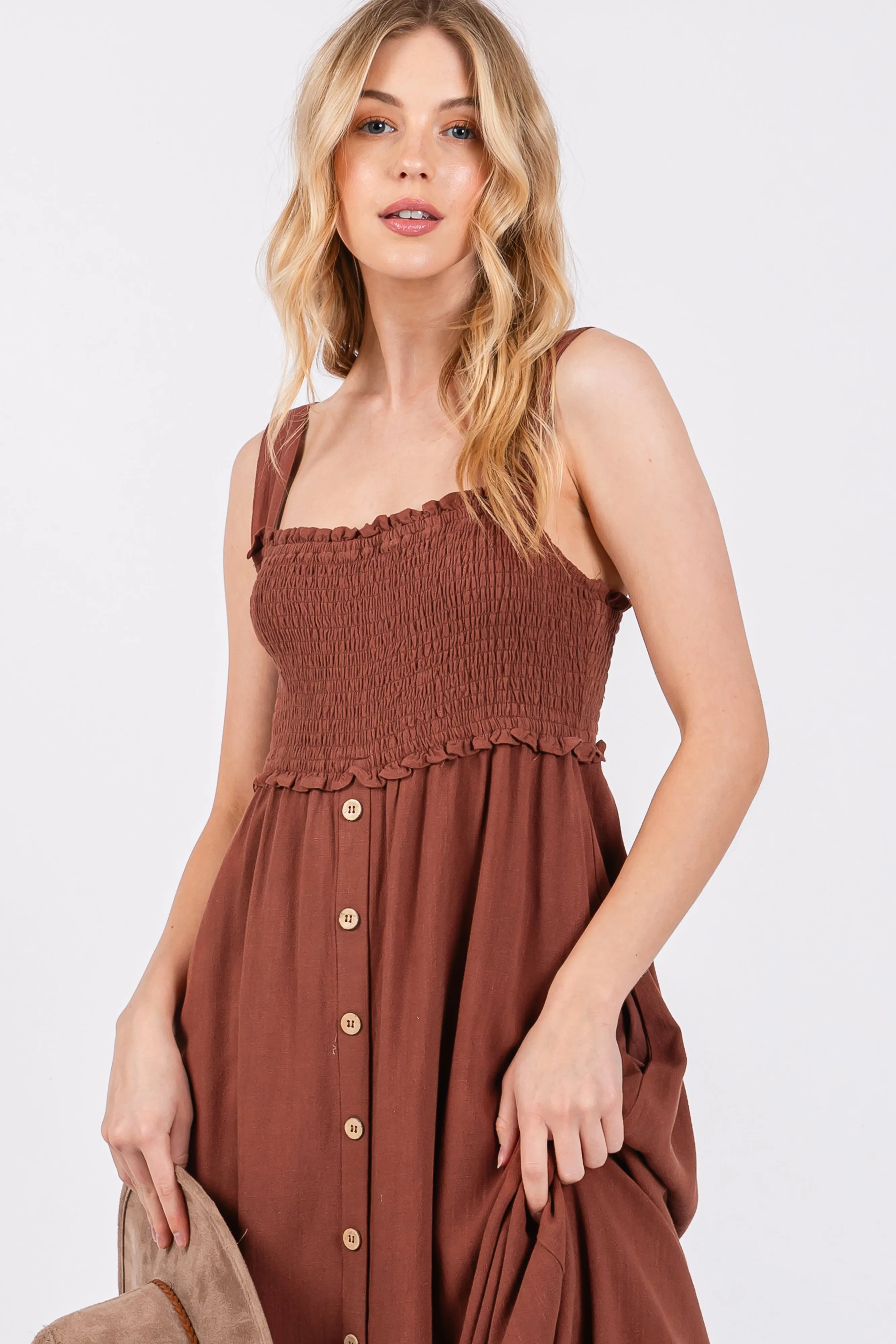 Brown Button Down Smocked Dress sold by Pinkblush product image thumbnail 4