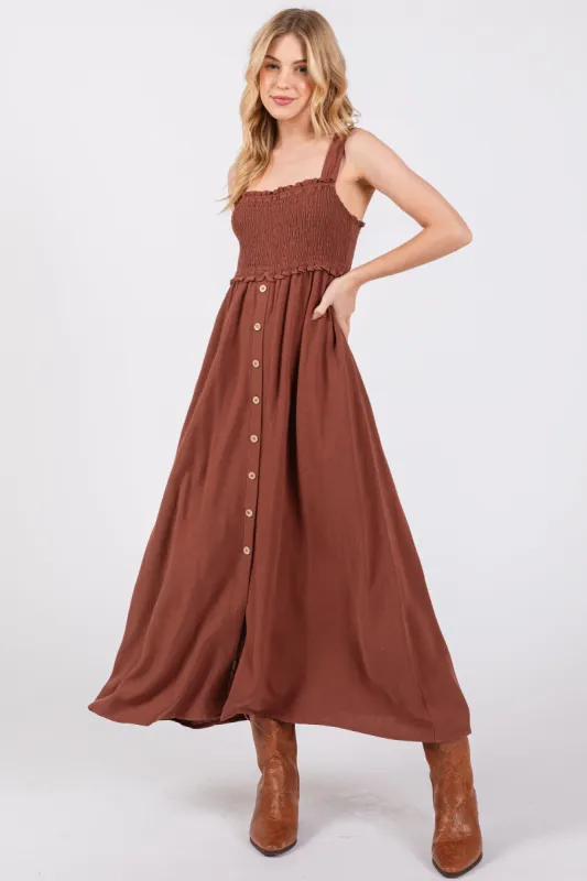 Brown Button Down Smocked Dress sold by Pinkblush
