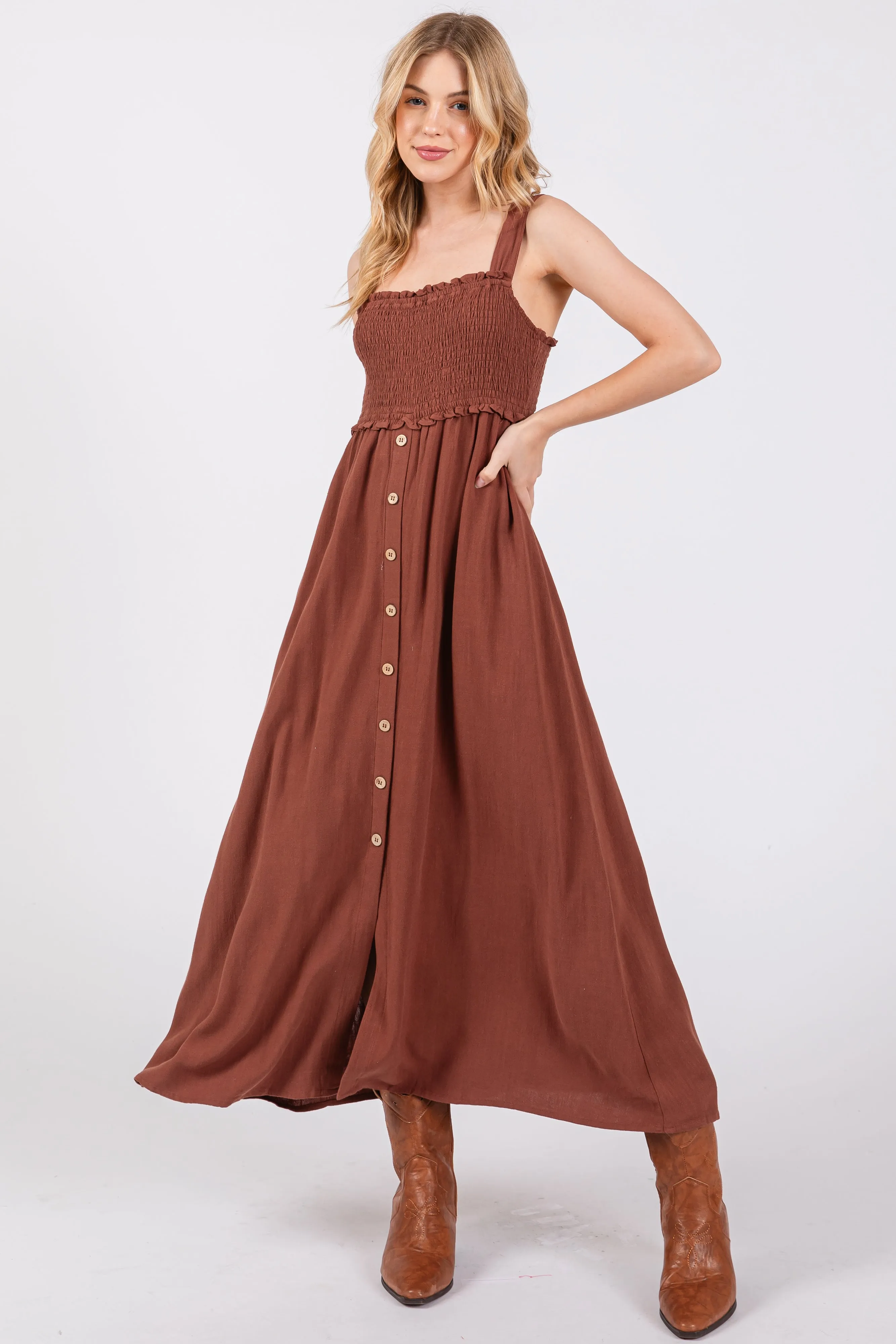 Brown Button Down Smocked Dress sold by Pinkblush