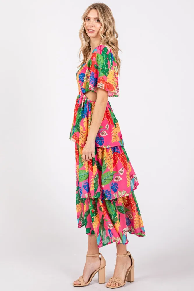 Fuchsia Leaf Print Side Cutout Tiered Midi Dress sold by Pinkblush product image thumbnail 3