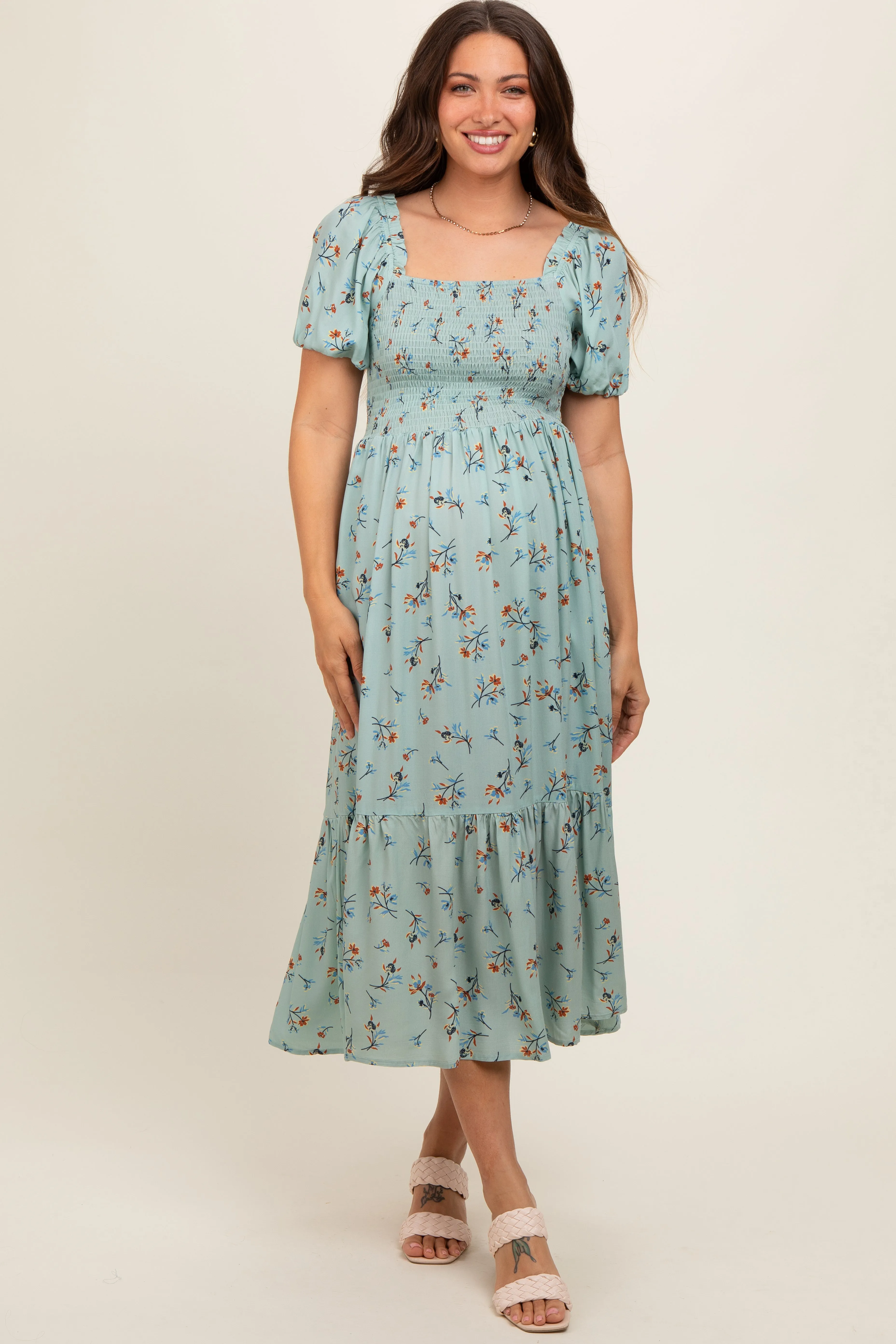 Mint Floral Smocked Short Sleeve Maternity Midi Dress sold by Pinkblush