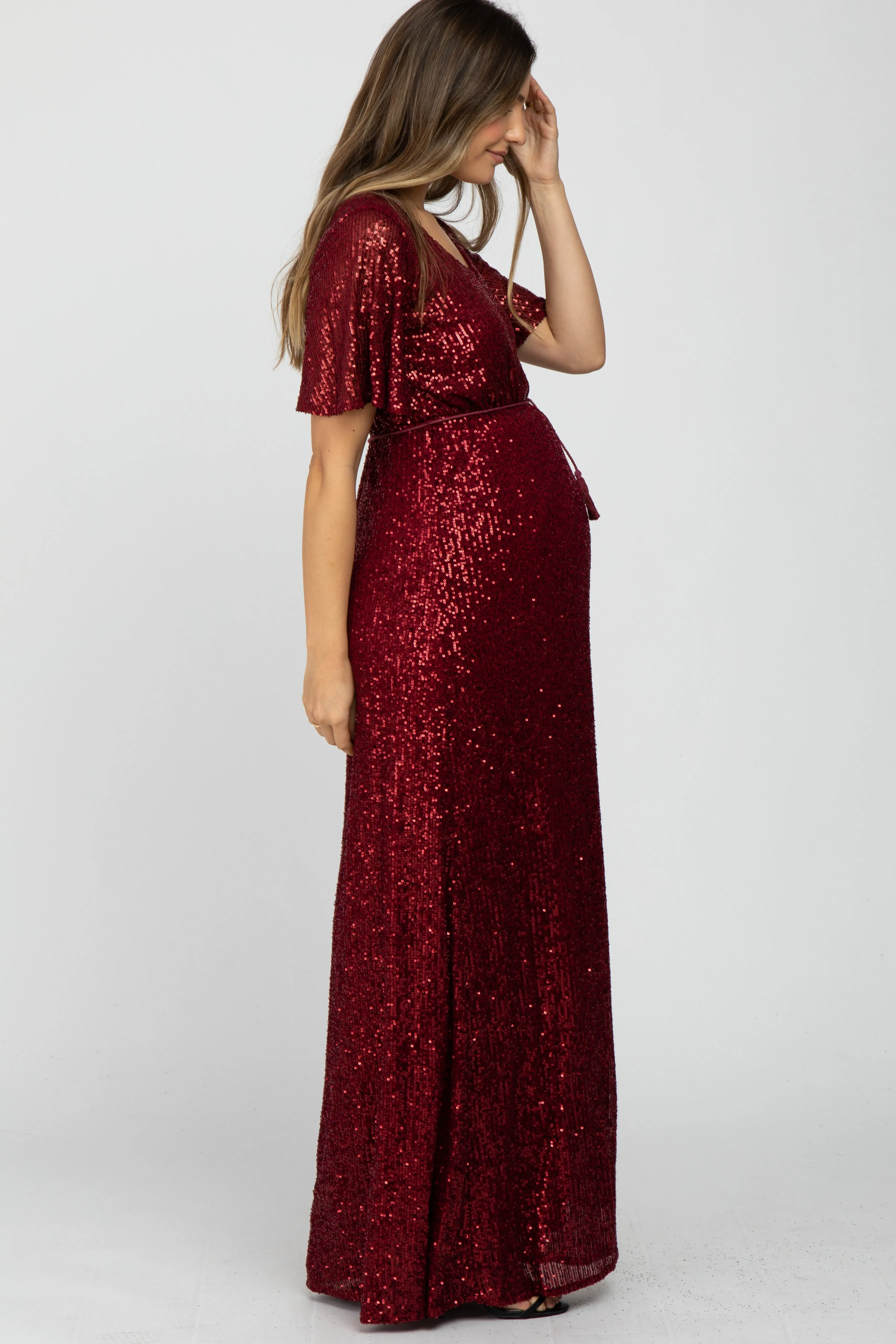 Burgundy Sequin Short Sleeve Maternity Maxi Dress sold by Pinkblush product image thumbnail 2