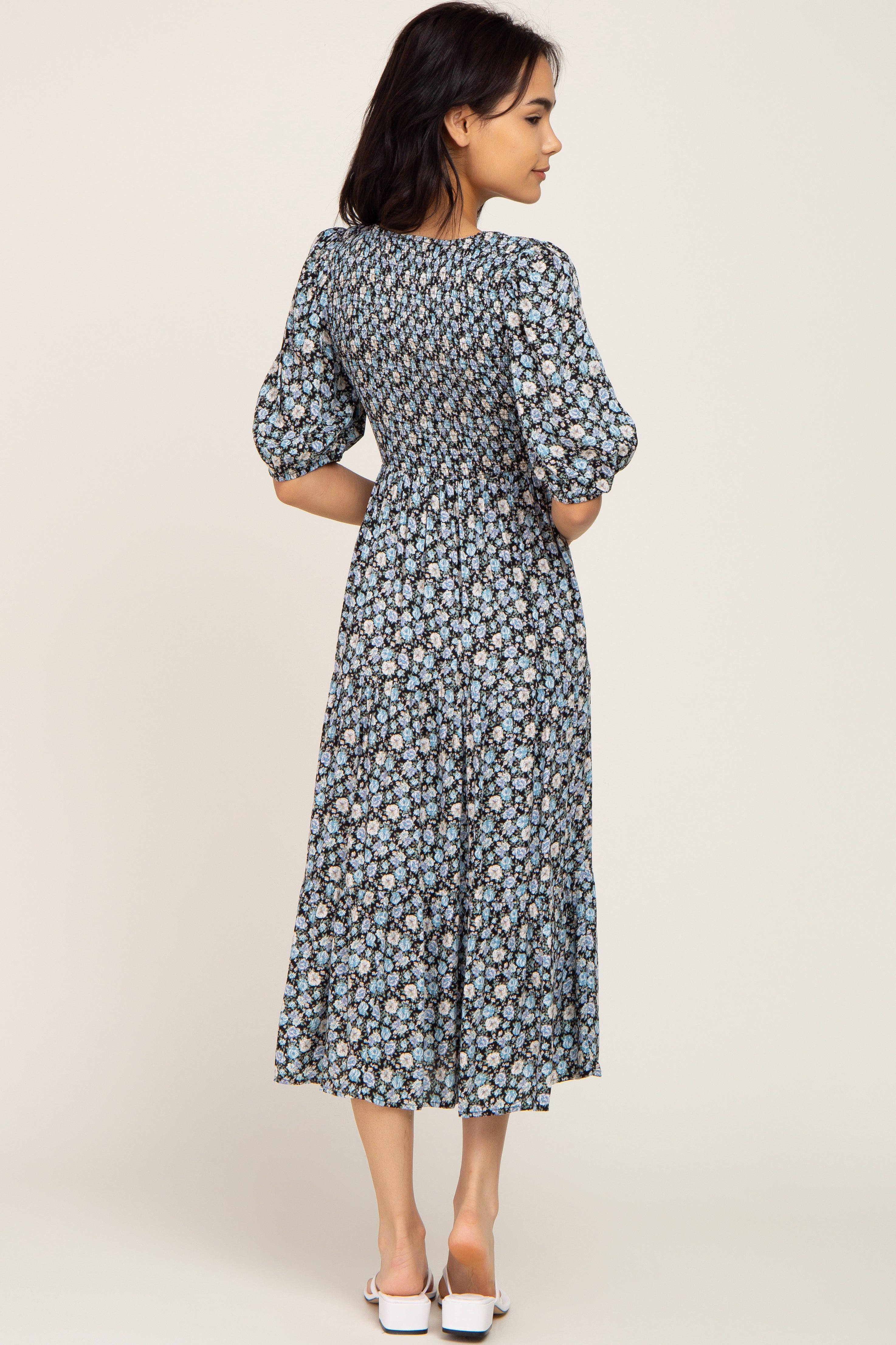 Black Floral Smocked Tiered Midi Dress sold by Pinkblush product image thumbnail 3