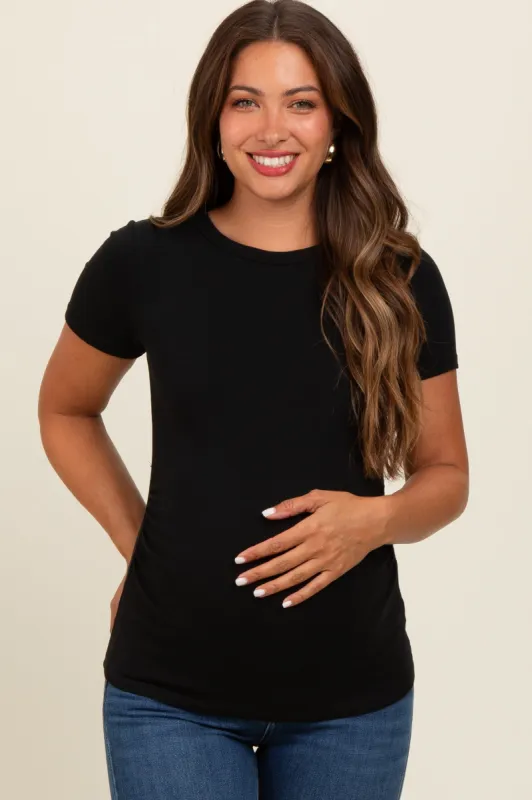 Black Ruched Micro-Rib Maternity Top sold by Pinkblush