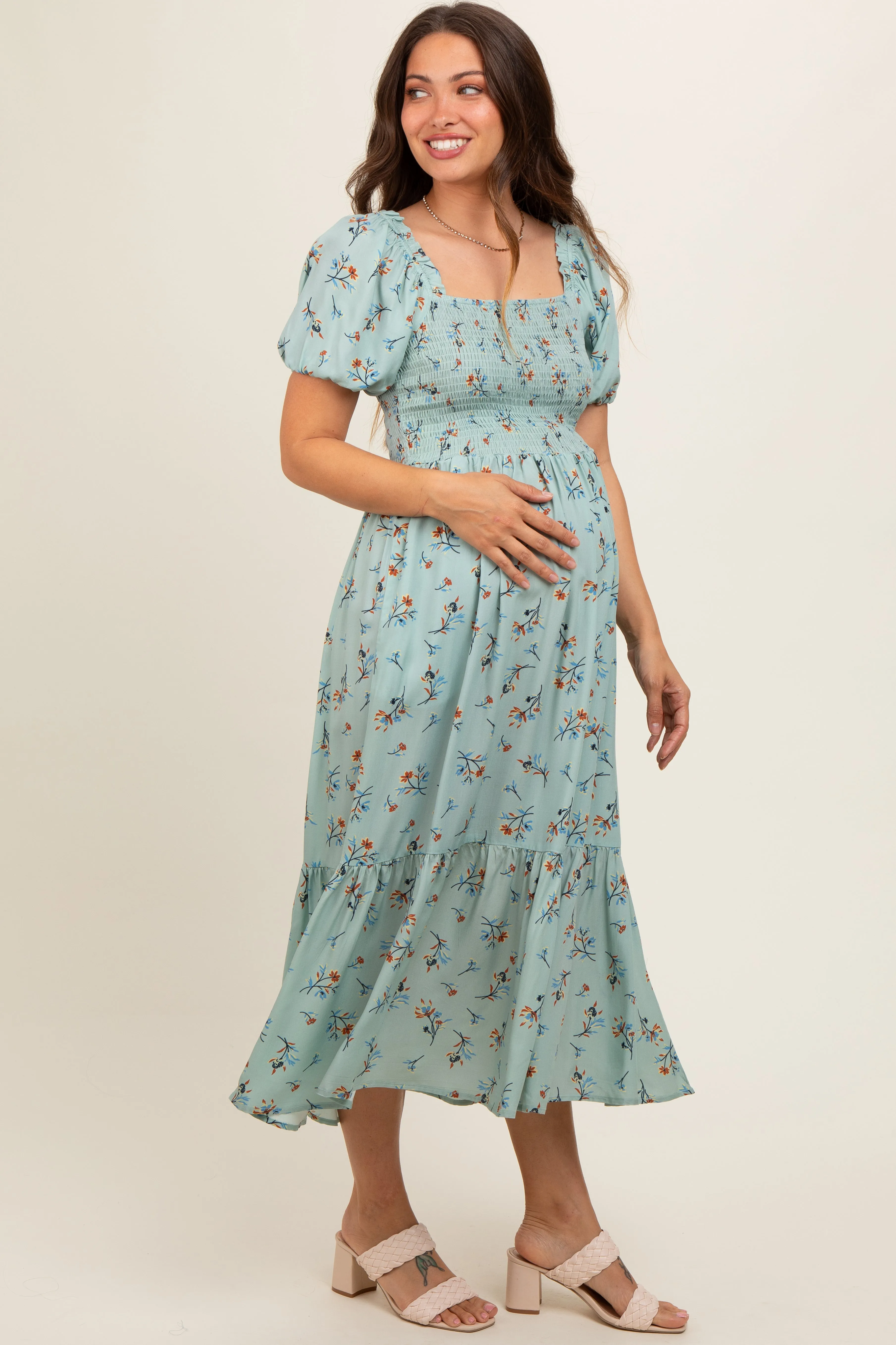 Mint Floral Smocked Short Sleeve Maternity Midi Dress sold by Pinkblush product image thumbnail 2