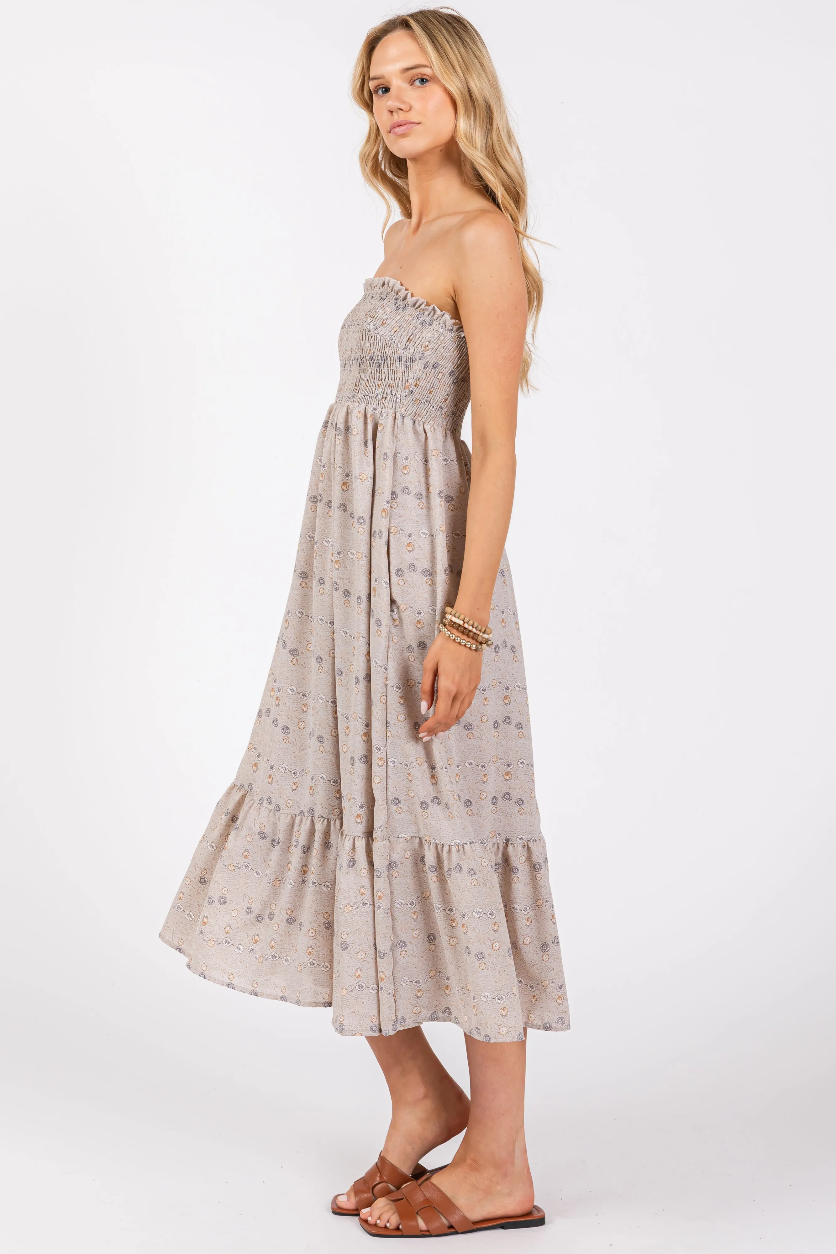 Grey Floral Print Smocked Bodice Tube Top Midi Dress sold by Pinkblush product image thumbnail 2