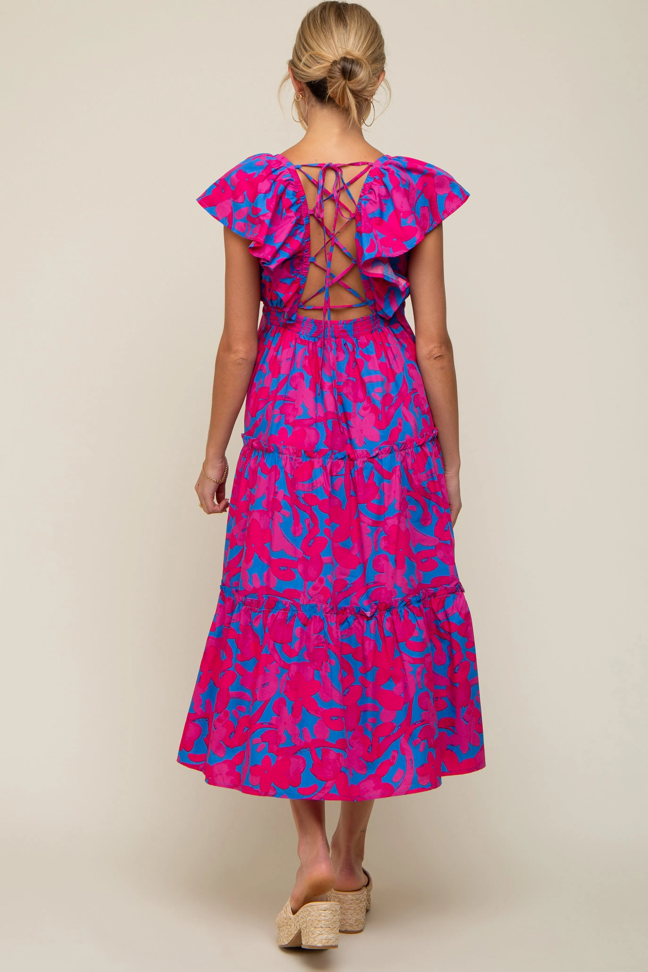 Pink Flutter Sleeve Open Lace Up Back Tiered Maternity Midi Dress sold by Pinkblush product image thumbnail 3