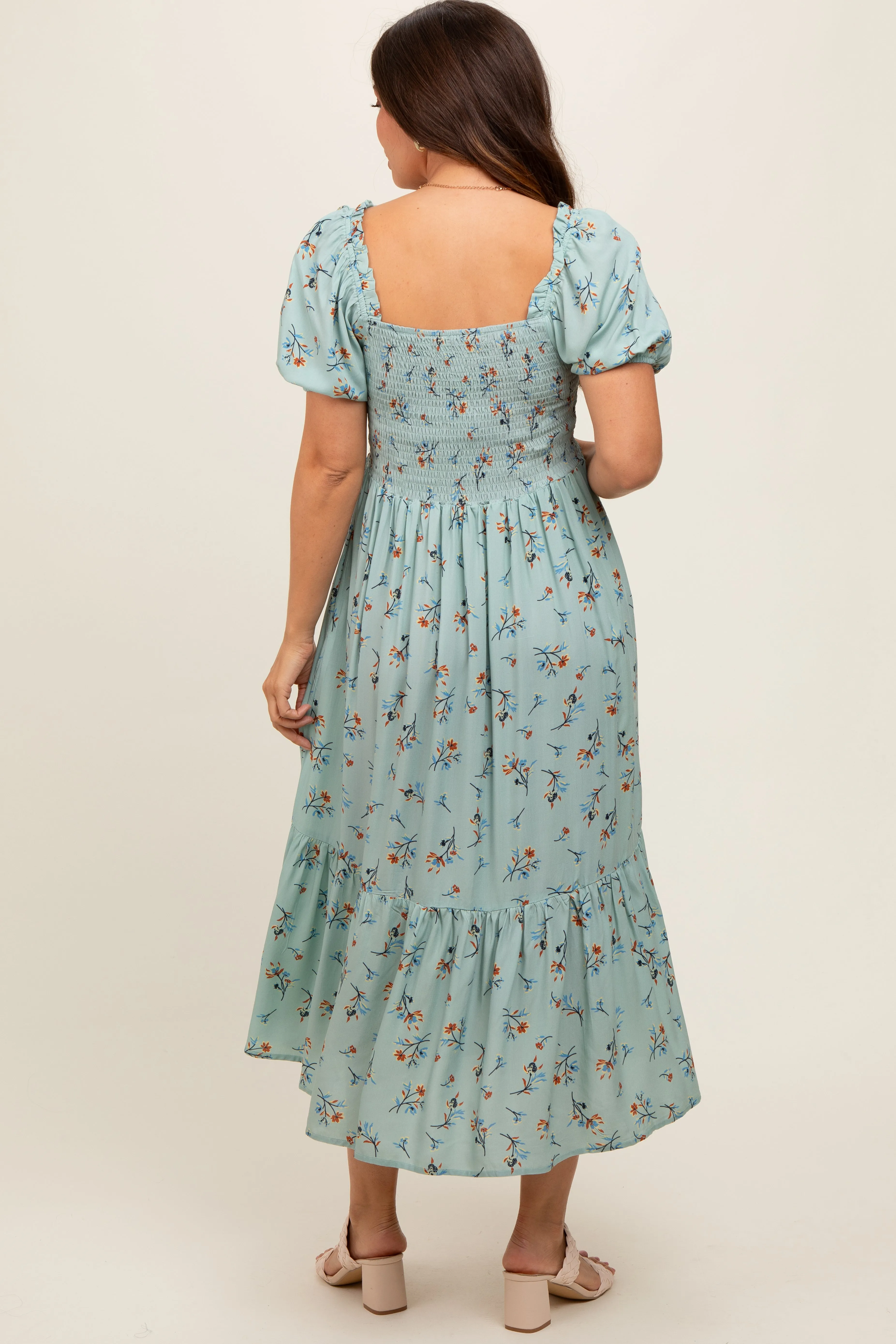 Mint Floral Smocked Short Sleeve Maternity Midi Dress sold by Pinkblush product image thumbnail 3