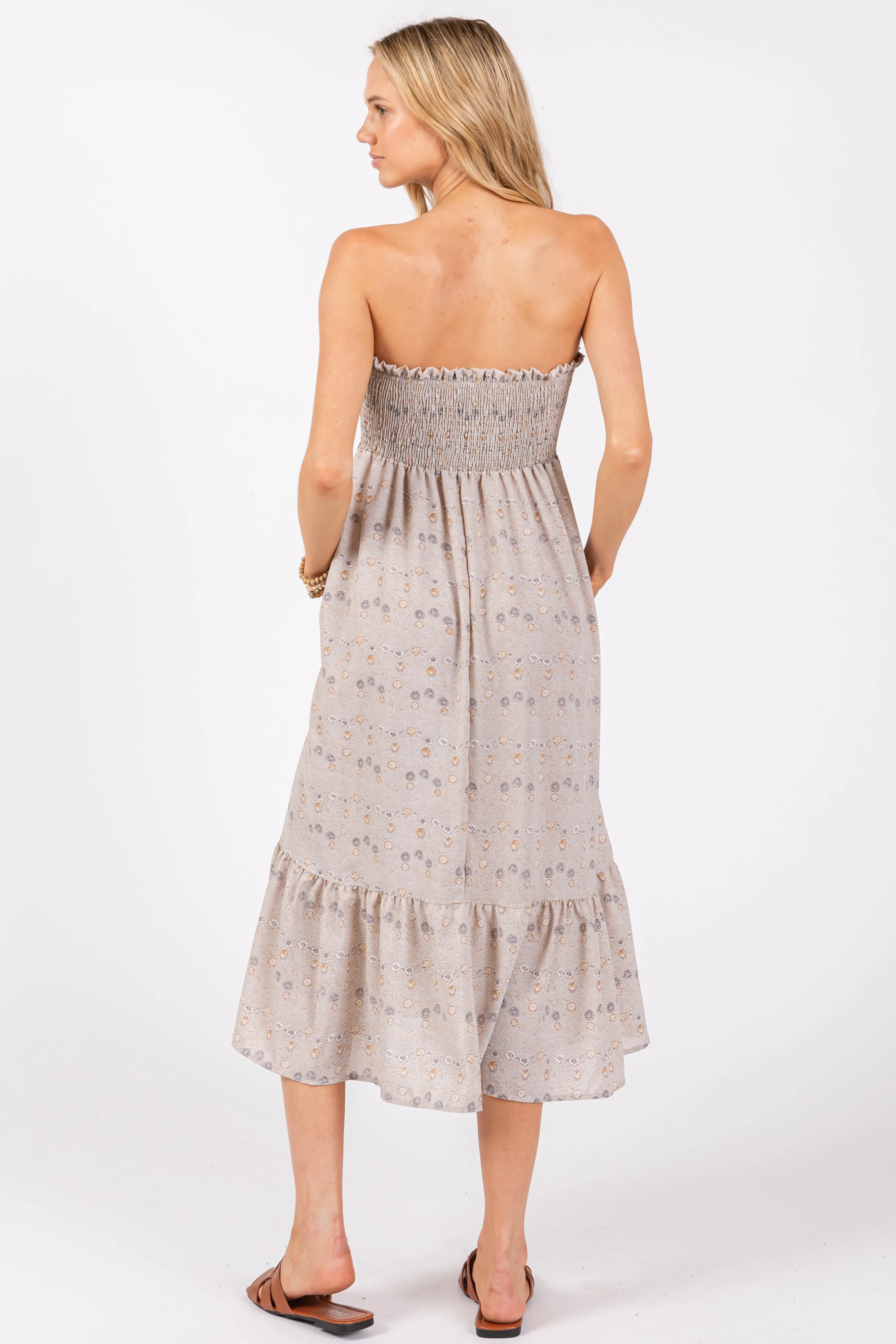 Grey Floral Print Smocked Bodice Tube Top Midi Dress sold by Pinkblush product image thumbnail 3