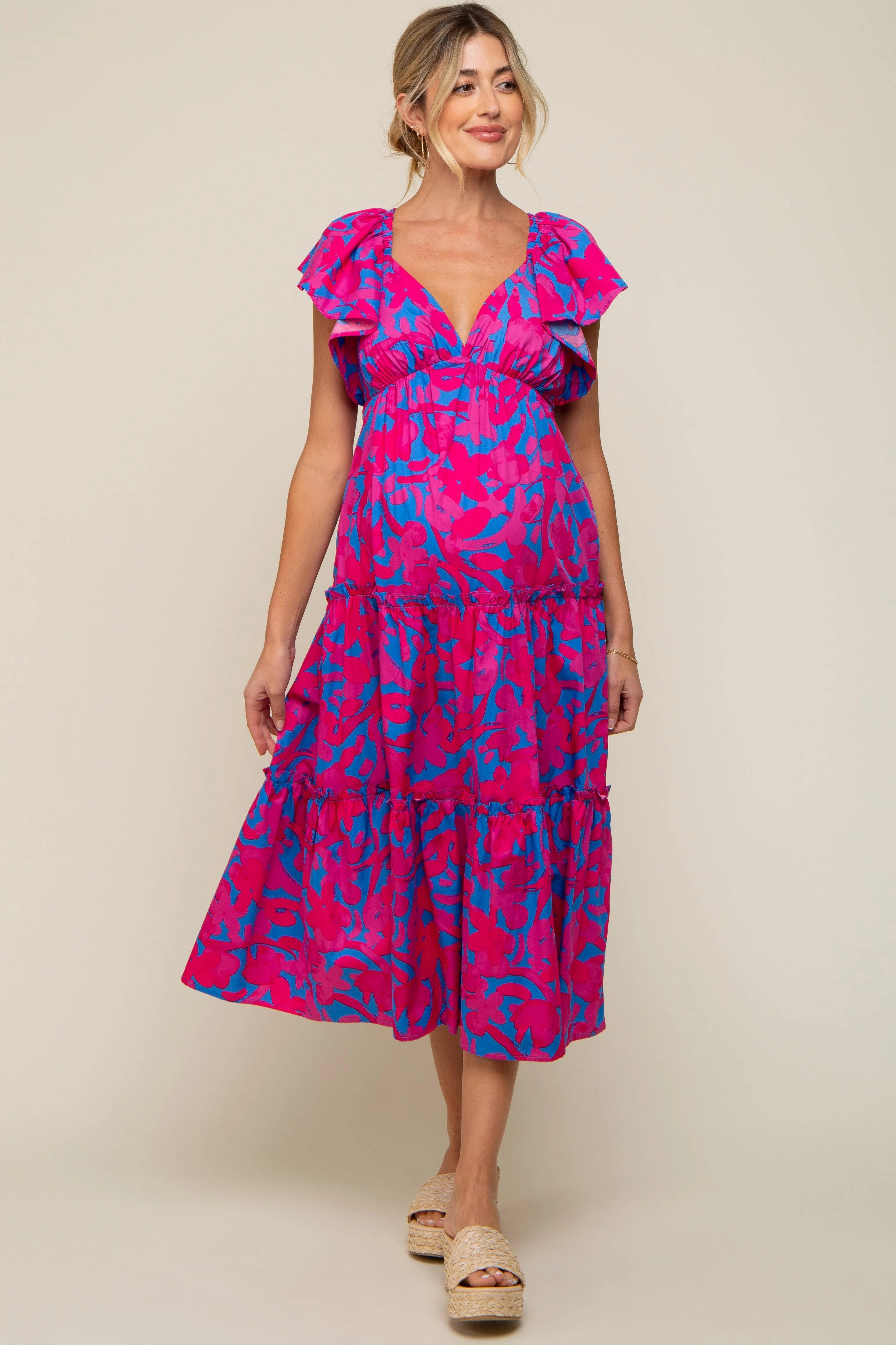 Pink Flutter Sleeve Open Lace Up Back Tiered Maternity Midi Dress sold by Pinkblush product image thumbnail 4