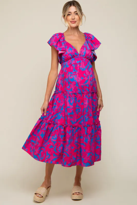 Pink Flutter Sleeve Open Lace Up Back Tiered Maternity Midi Dress sold by Pinkblush