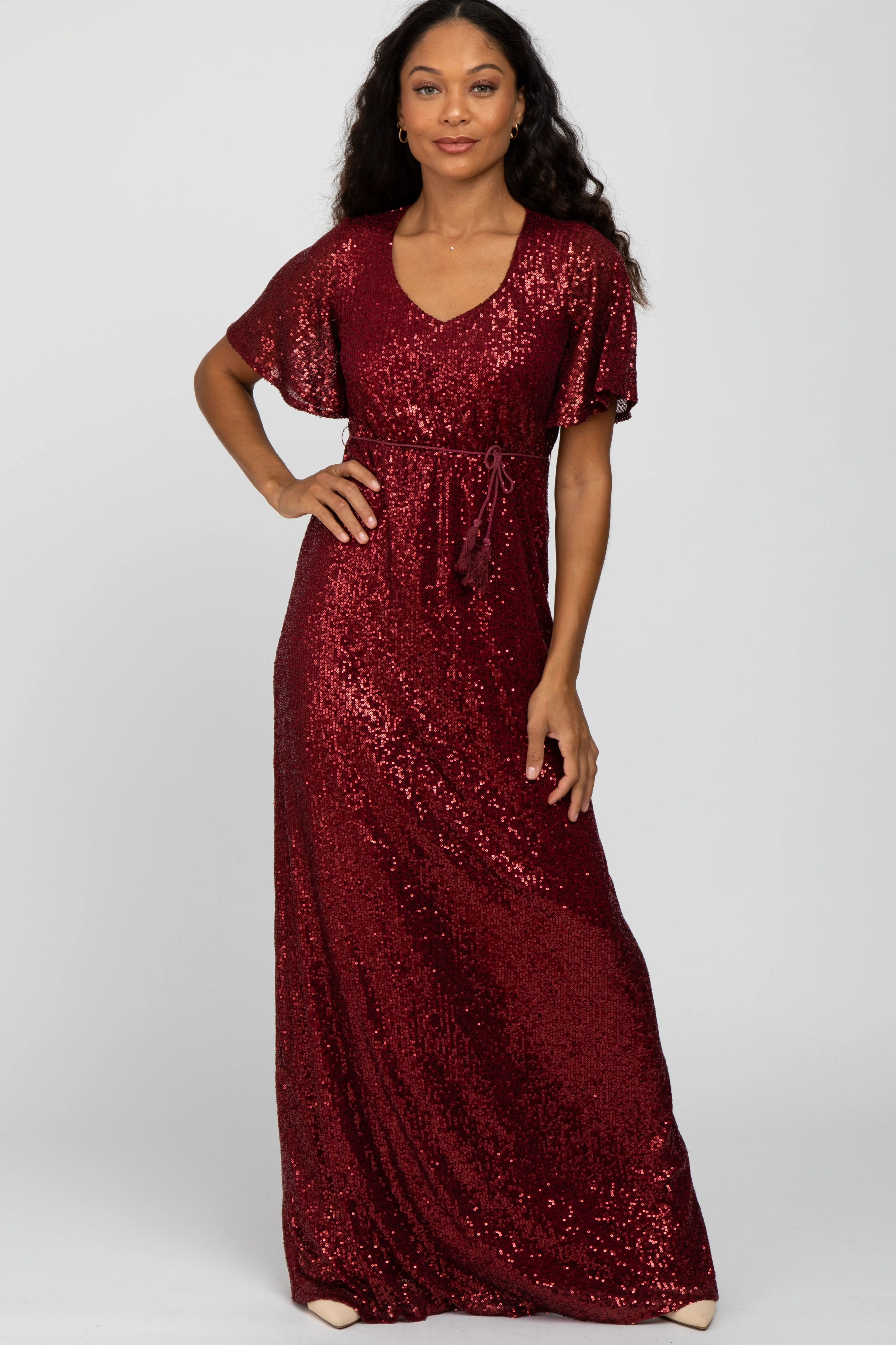 Burgundy Sequin Short Sleeve Maternity Maxi Dress sold by Pinkblush product image thumbnail 4