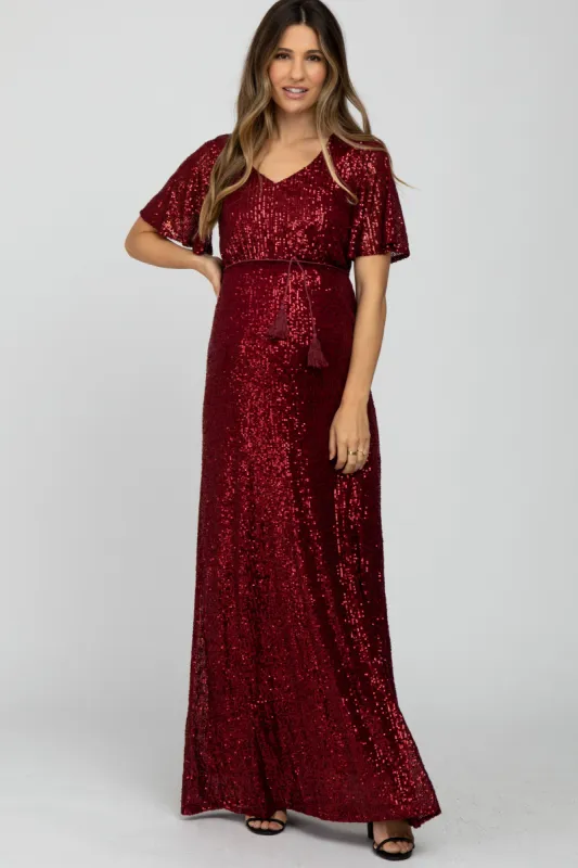Burgundy Sequin Short Sleeve Maternity Maxi Dress made by Pinkblush
