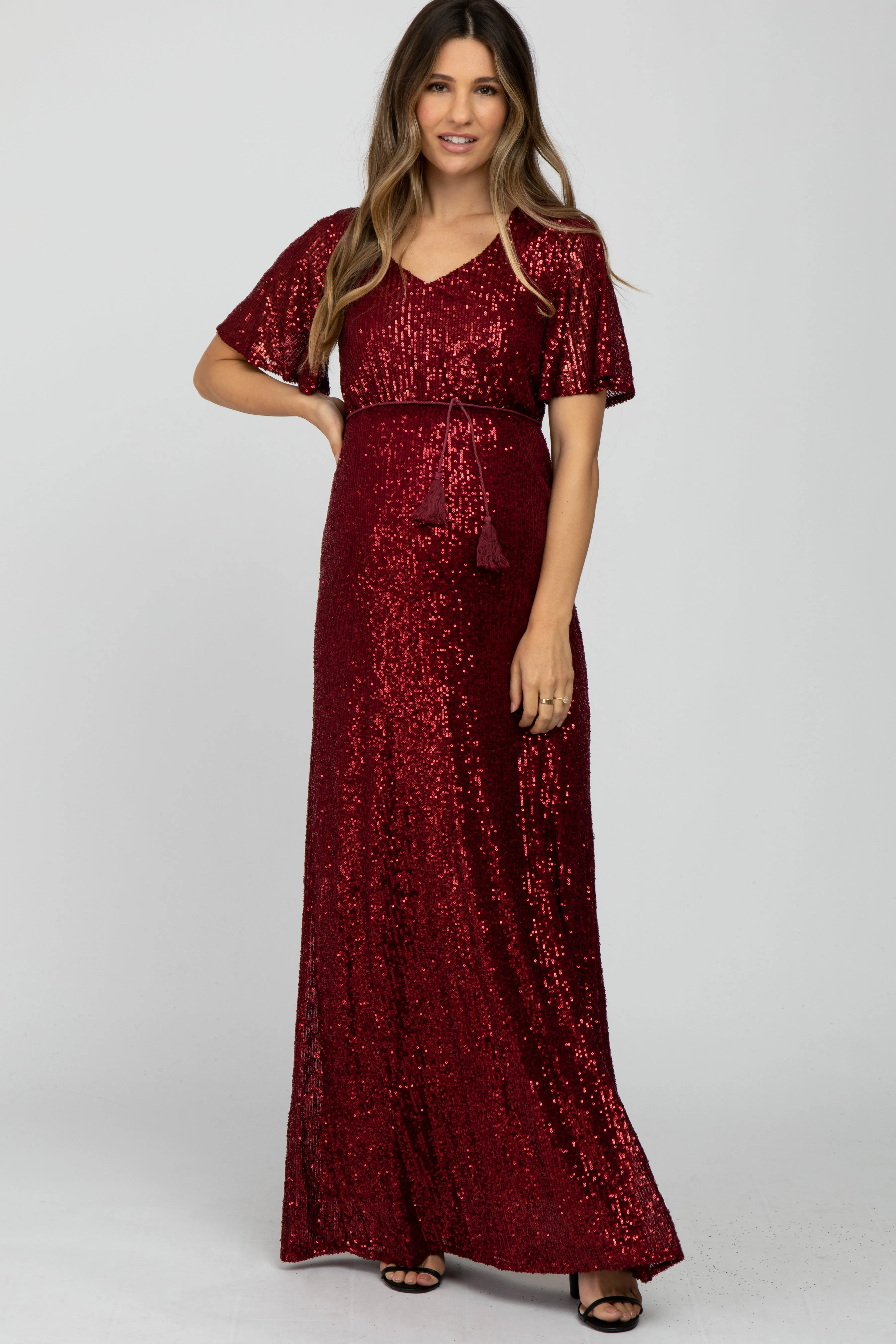 Burgundy Sequin Short Sleeve Maternity Maxi Dress sold by Pinkblush