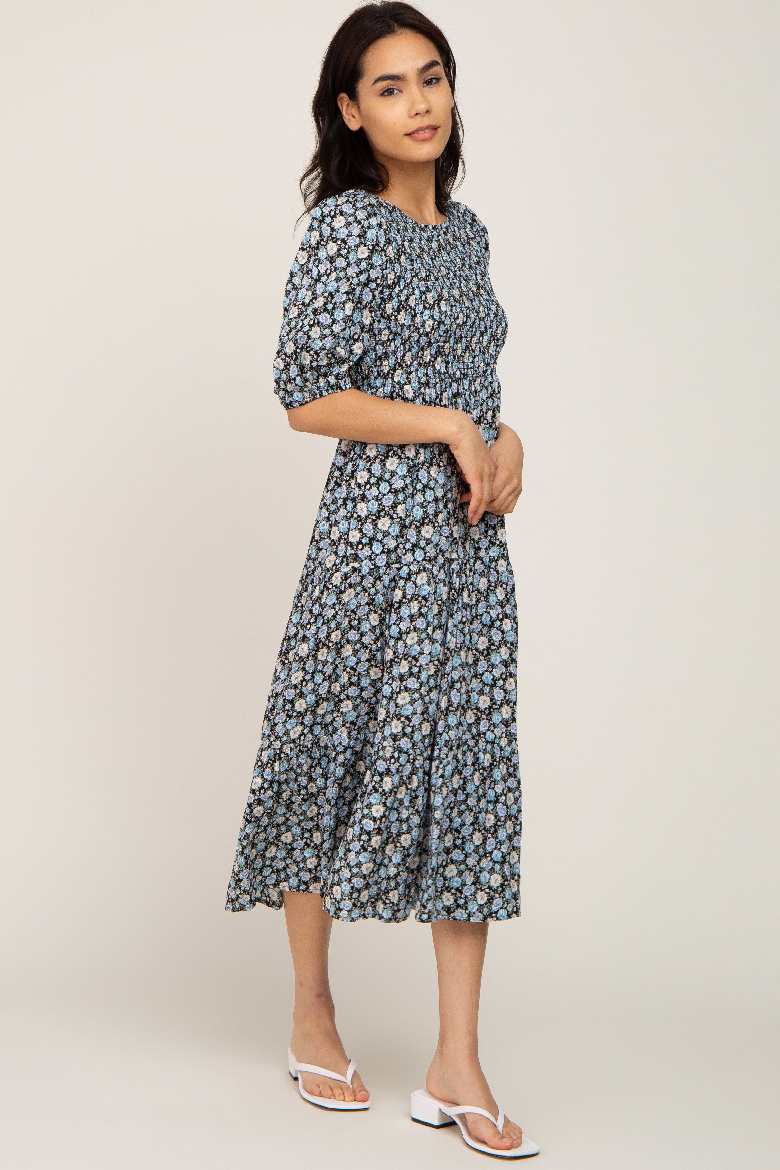 Black Floral Smocked Tiered Midi Dress sold by Pinkblush product image thumbnail 2