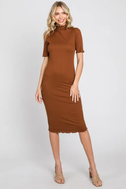 Rust Ribbed Mock Neck Fitted Midi Dress sold by Pinkblush