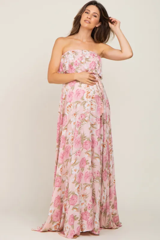 Light Pink Floral Strapless Ruffle Front Maternity Maxi Dress sold by Pinkblush