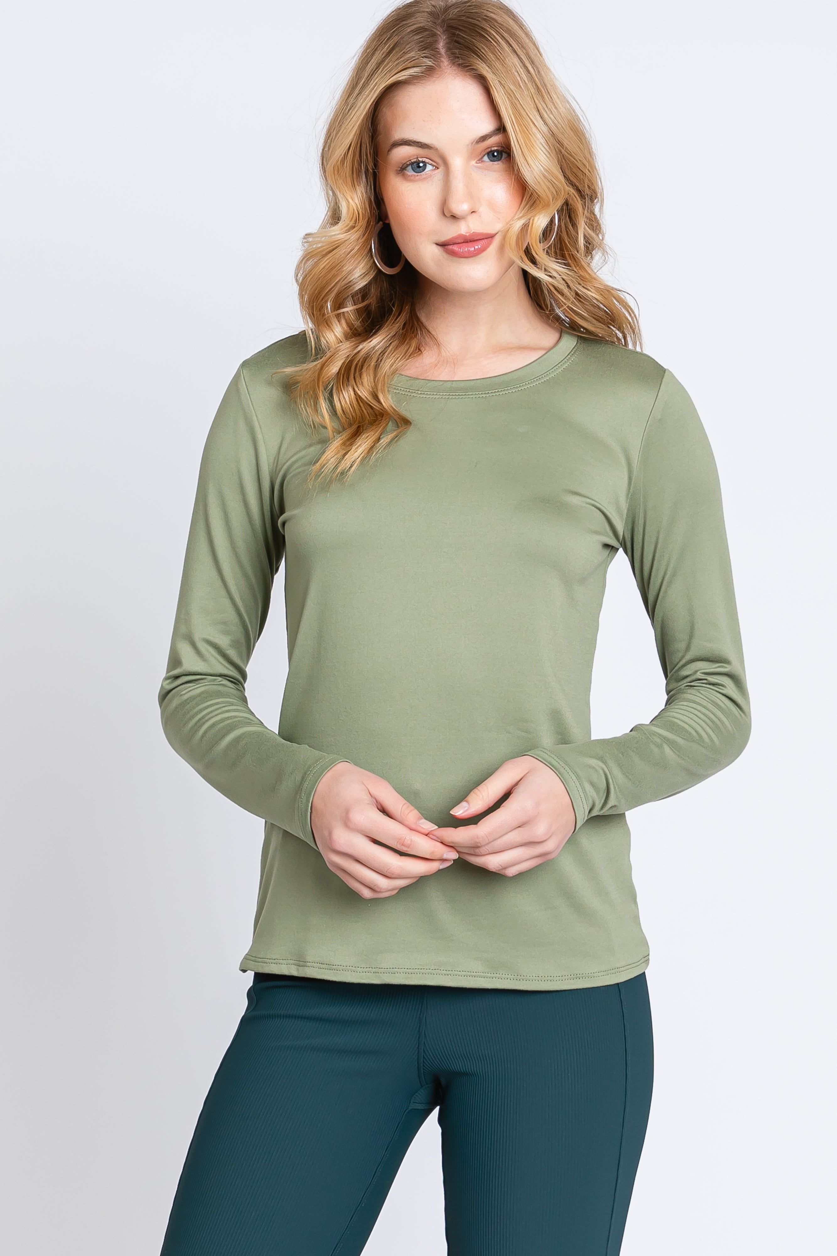 Light Olive Knit Long Sleeve Round Hem Top sold by Pinkblush