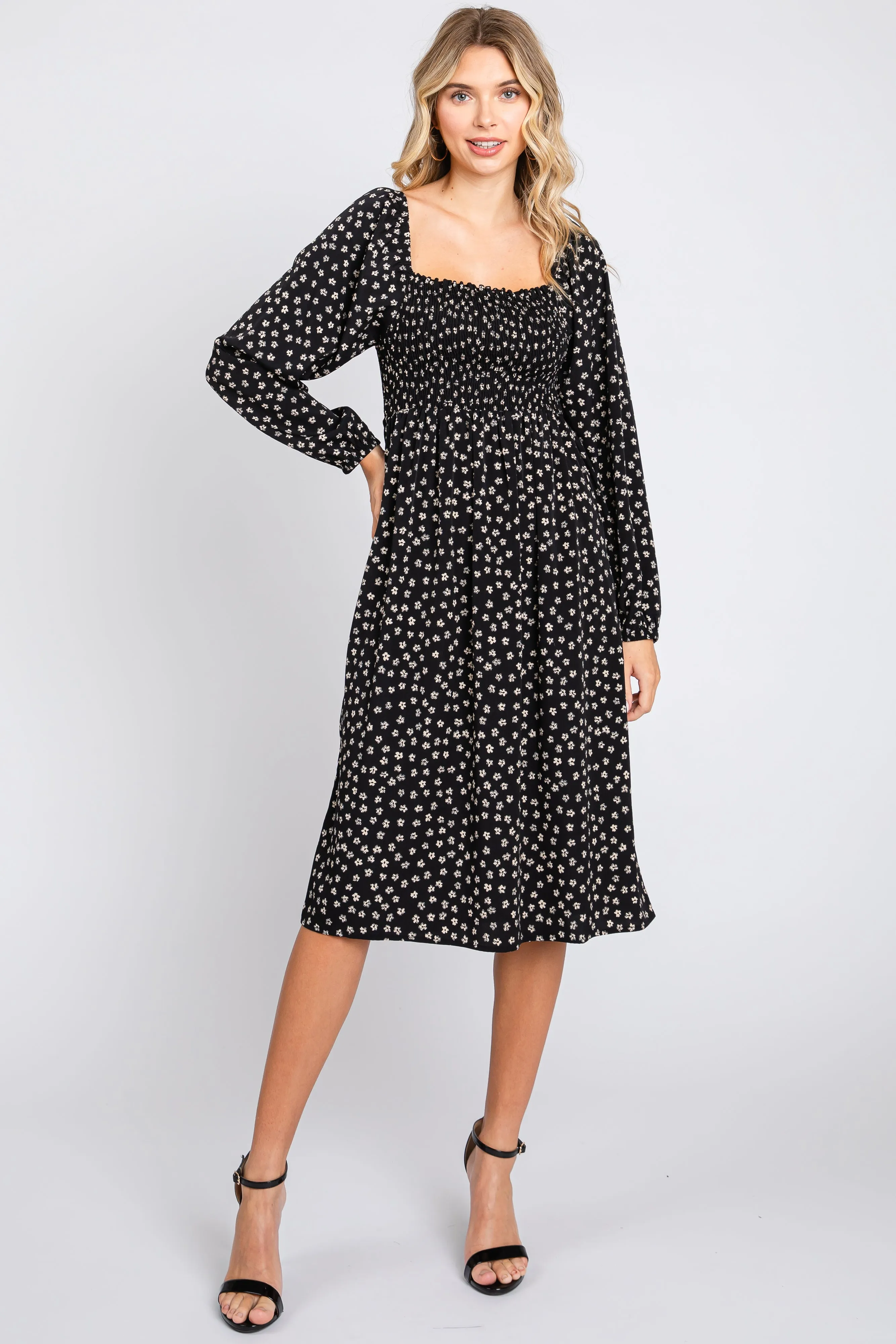 Black Floral Smocked Long Sleeve Maternity Dress sold by Pinkblush product image thumbnail 4