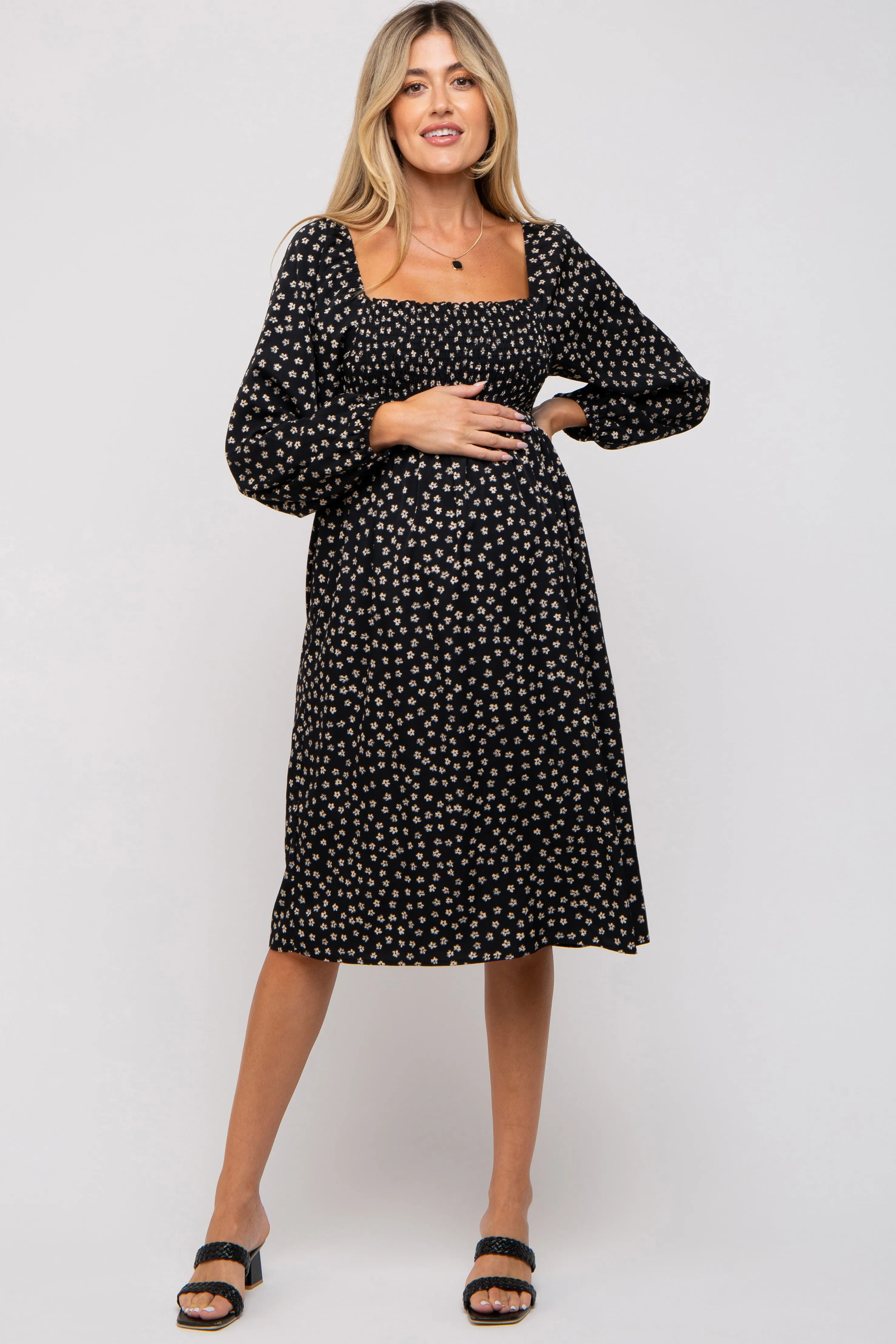 Black Floral Smocked Long Sleeve Maternity Dress sold by Pinkblush