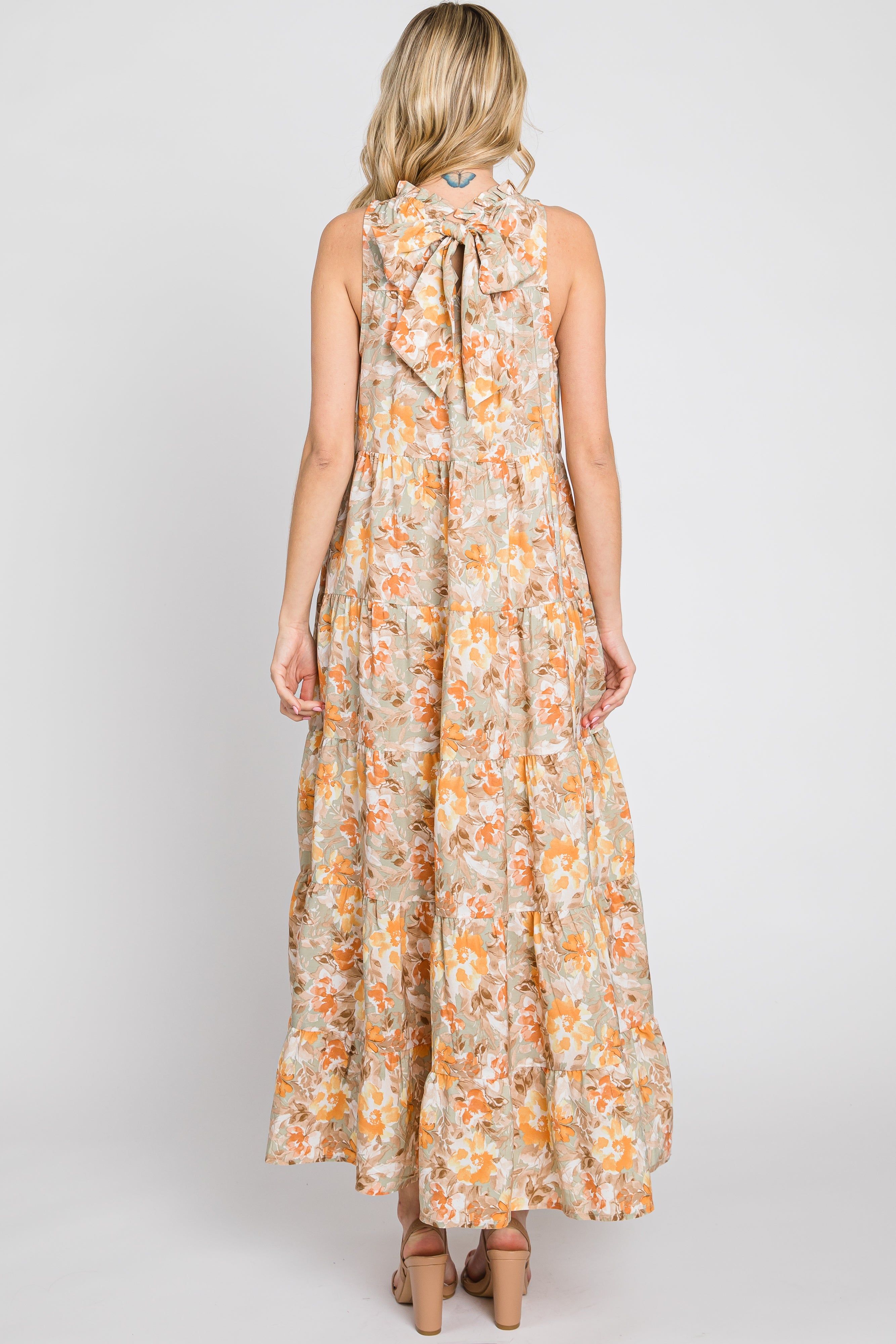 Taupe Floral Ruffle Mock Neck Tiered Maxi Dress sold by Pinkblush product image thumbnail 3