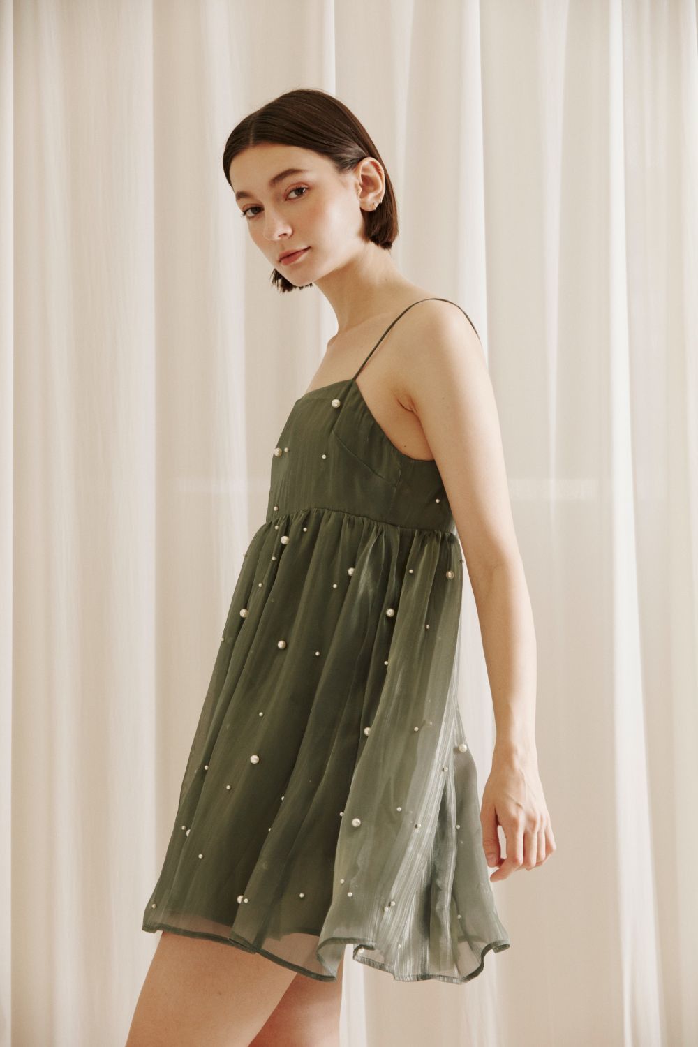 Olive Little Pearls Baby Doll Mini Dress sold by Pinkblush product image thumbnail 2