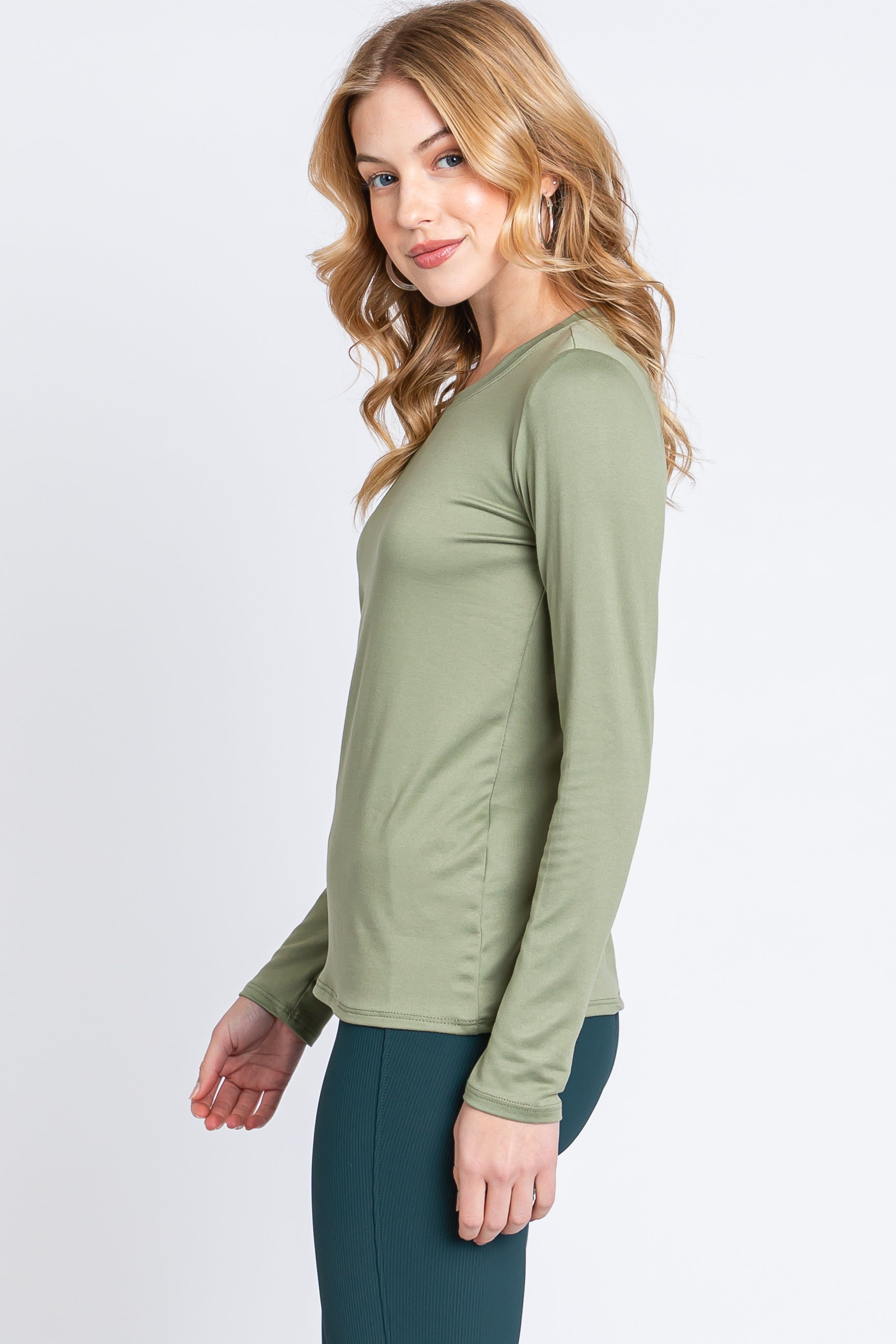 Light Olive Knit Long Sleeve Round Hem Top sold by Pinkblush product image thumbnail 2