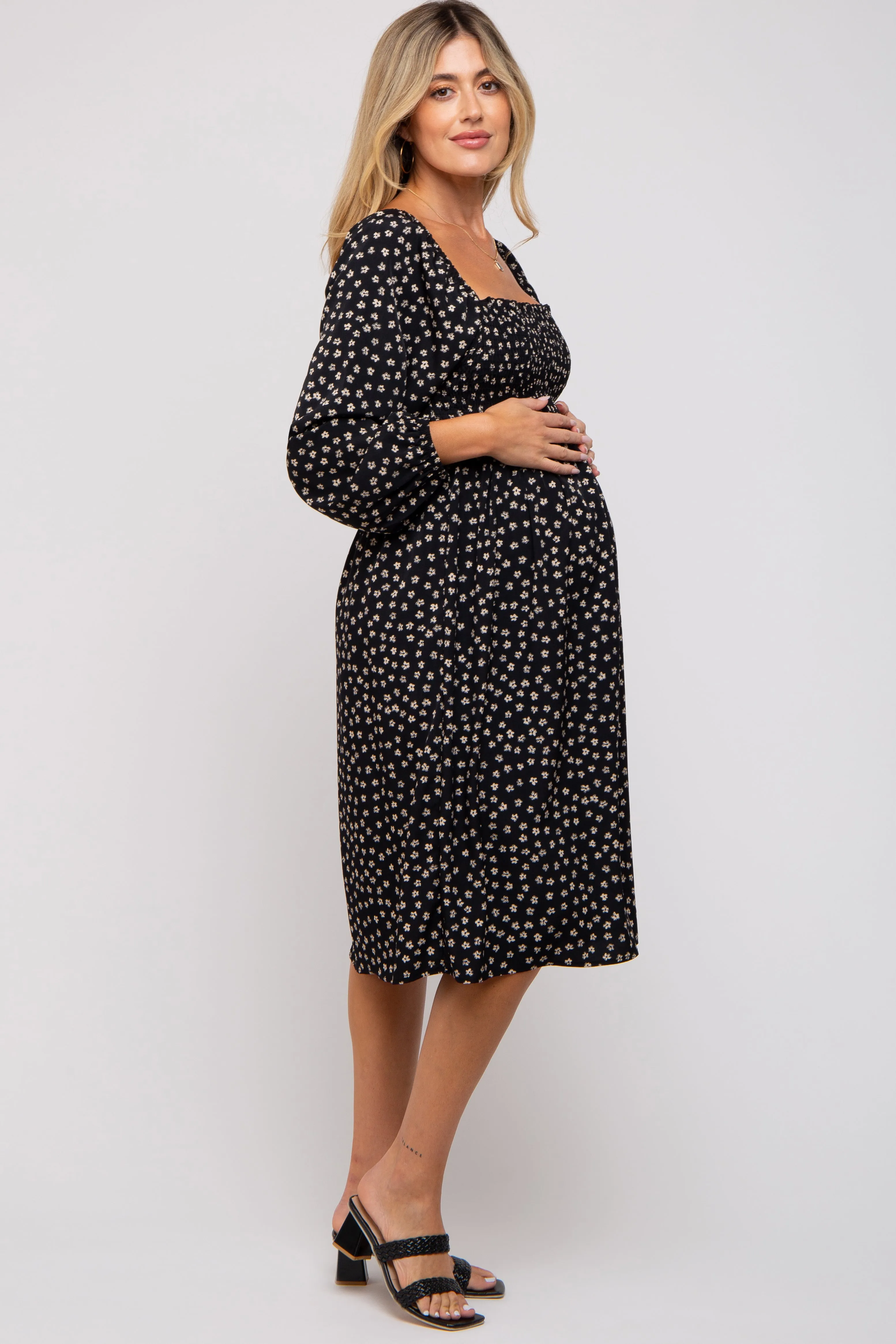 Black Floral Smocked Long Sleeve Maternity Dress sold by Pinkblush product image thumbnail 2