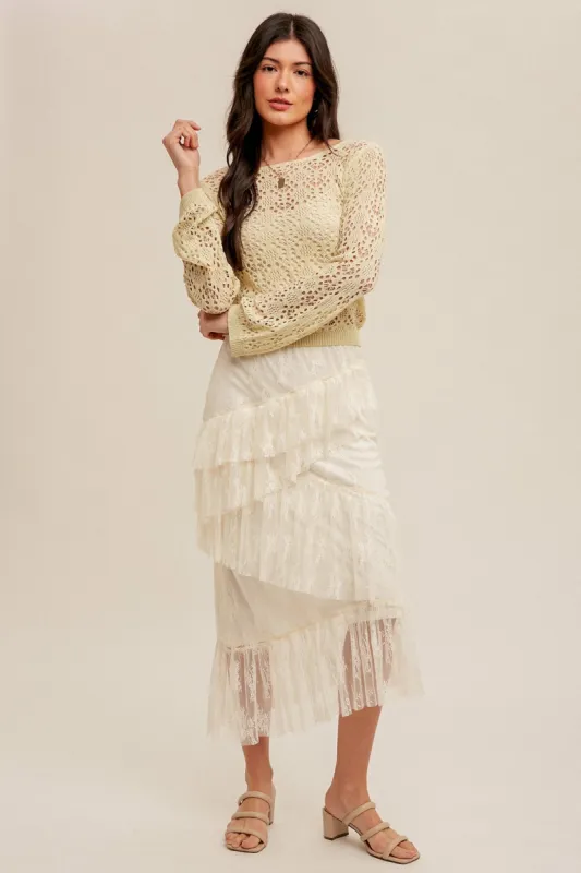 Cream Asymmetrical Tiered Lace Skirt sold by Pinkblush