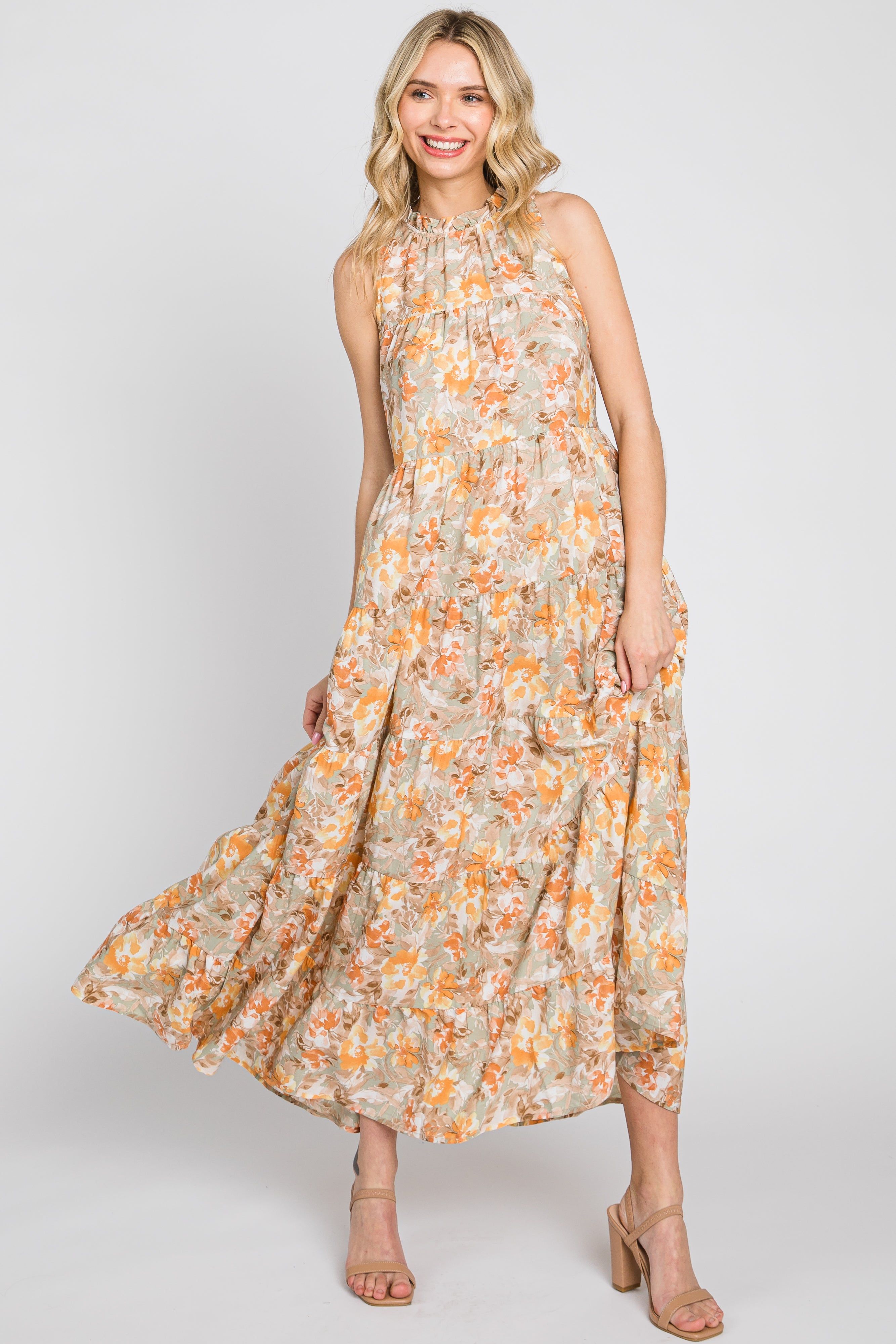 Taupe Floral Ruffle Mock Neck Tiered Maxi Dress sold by Pinkblush