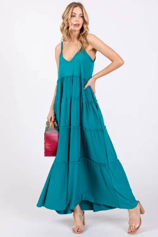Teal Tiered Sleeveless Maxi Dress sold by Pinkblush