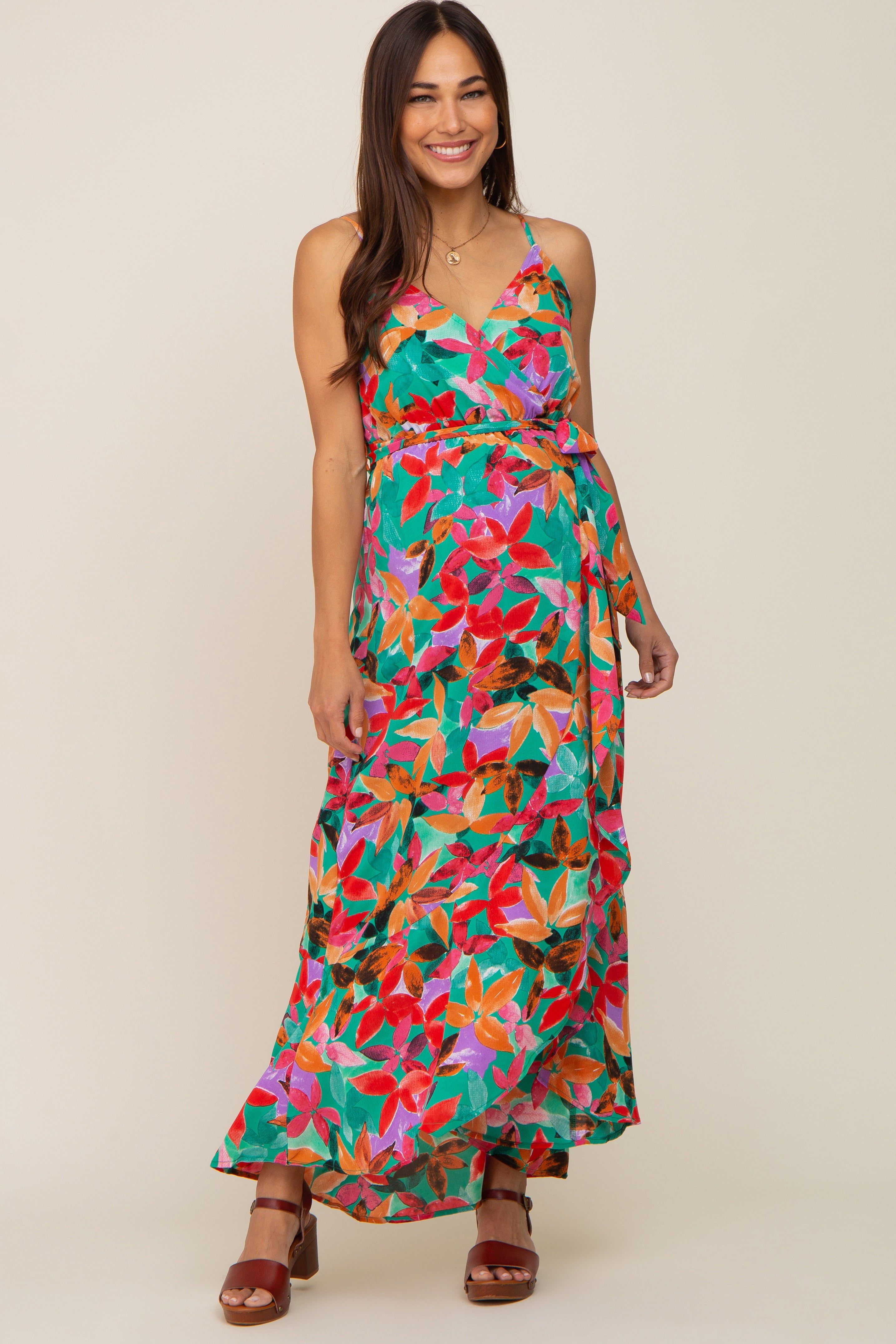 Green Floral Hi-Lo Maternity Wrap Maxi Dress sold by Pinkblush