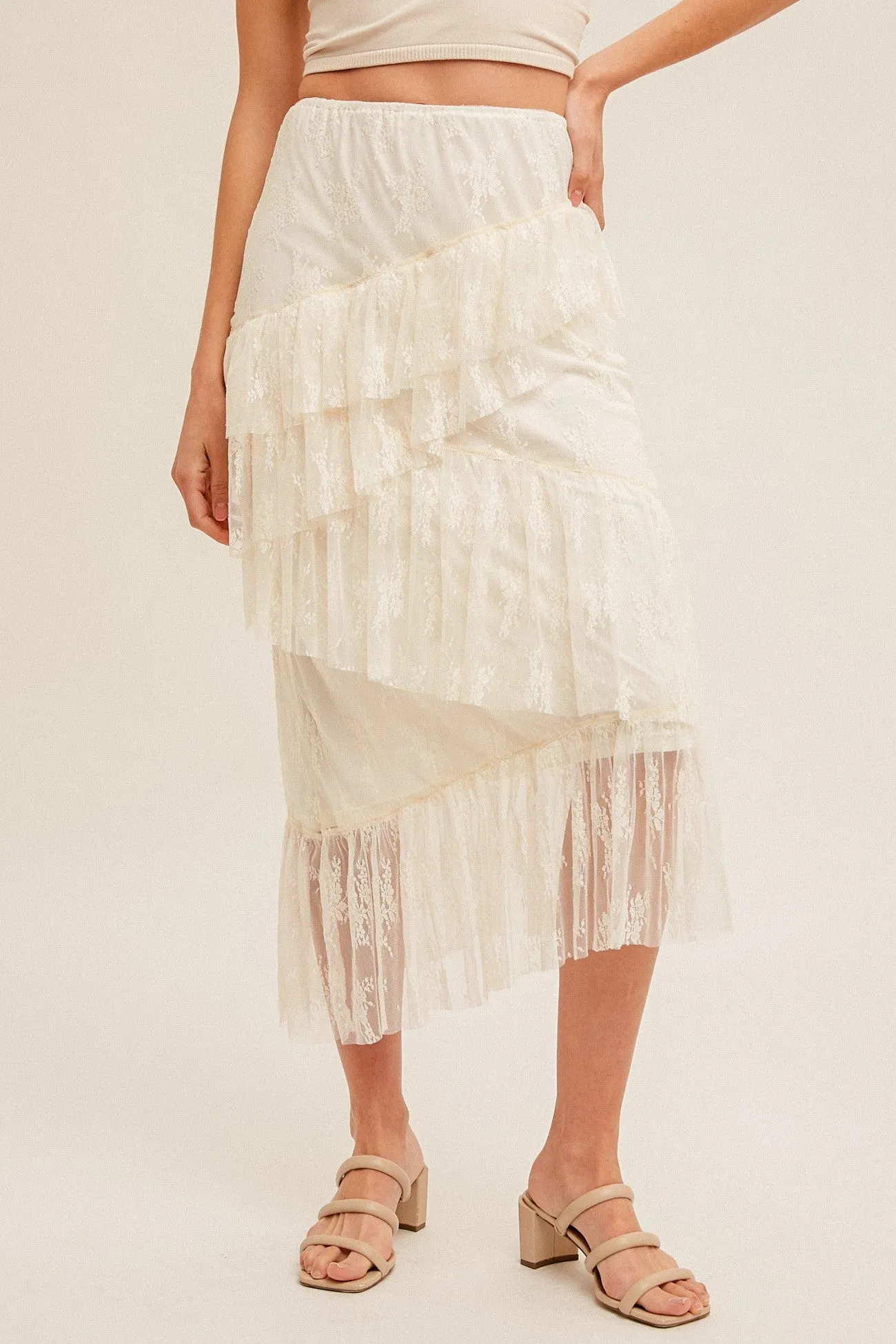 Cream Asymmetrical Tiered Lace Skirt sold by Pinkblush product image thumbnail 2