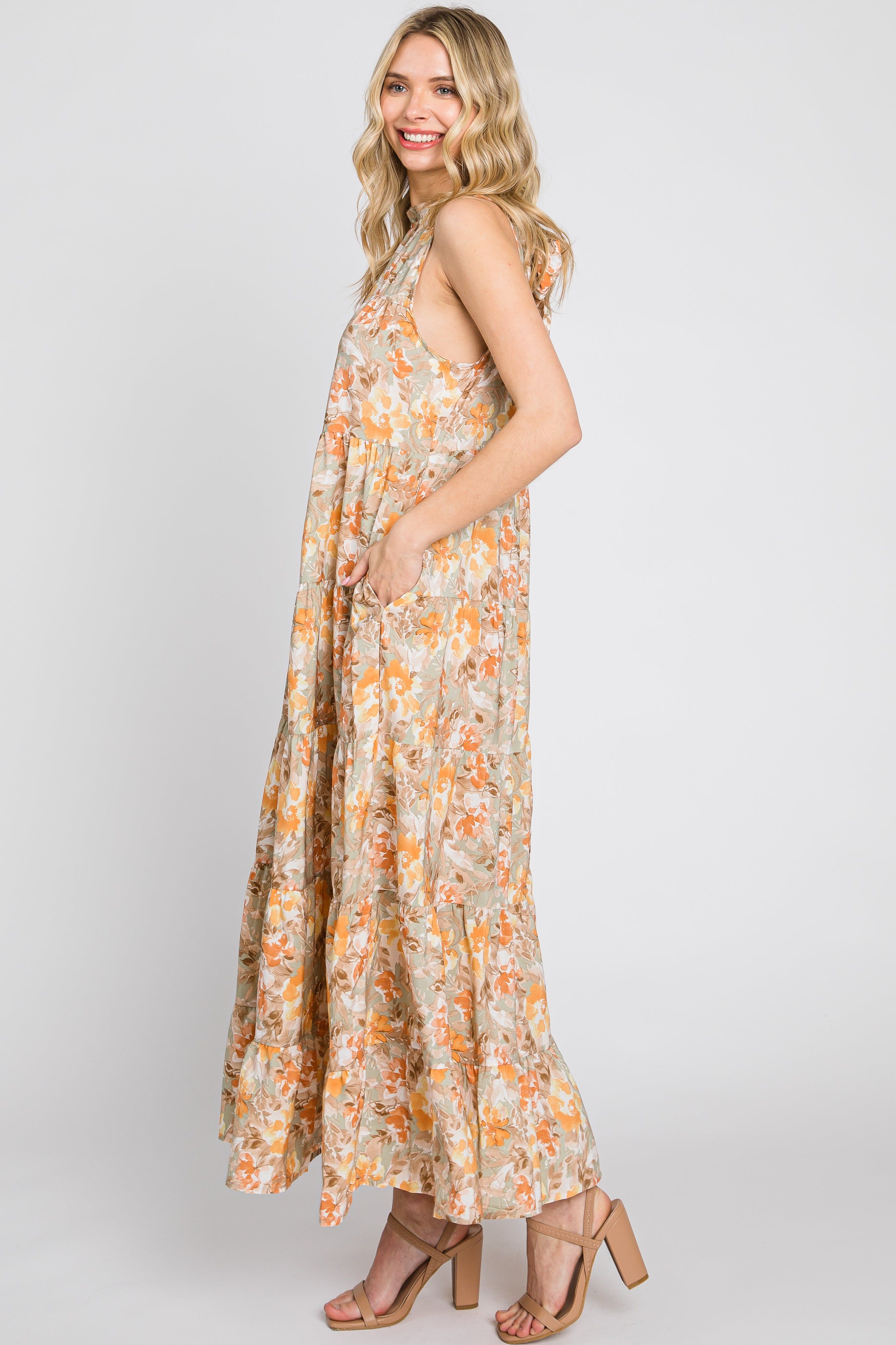 Taupe Floral Ruffle Mock Neck Tiered Maxi Dress sold by Pinkblush product image thumbnail 2